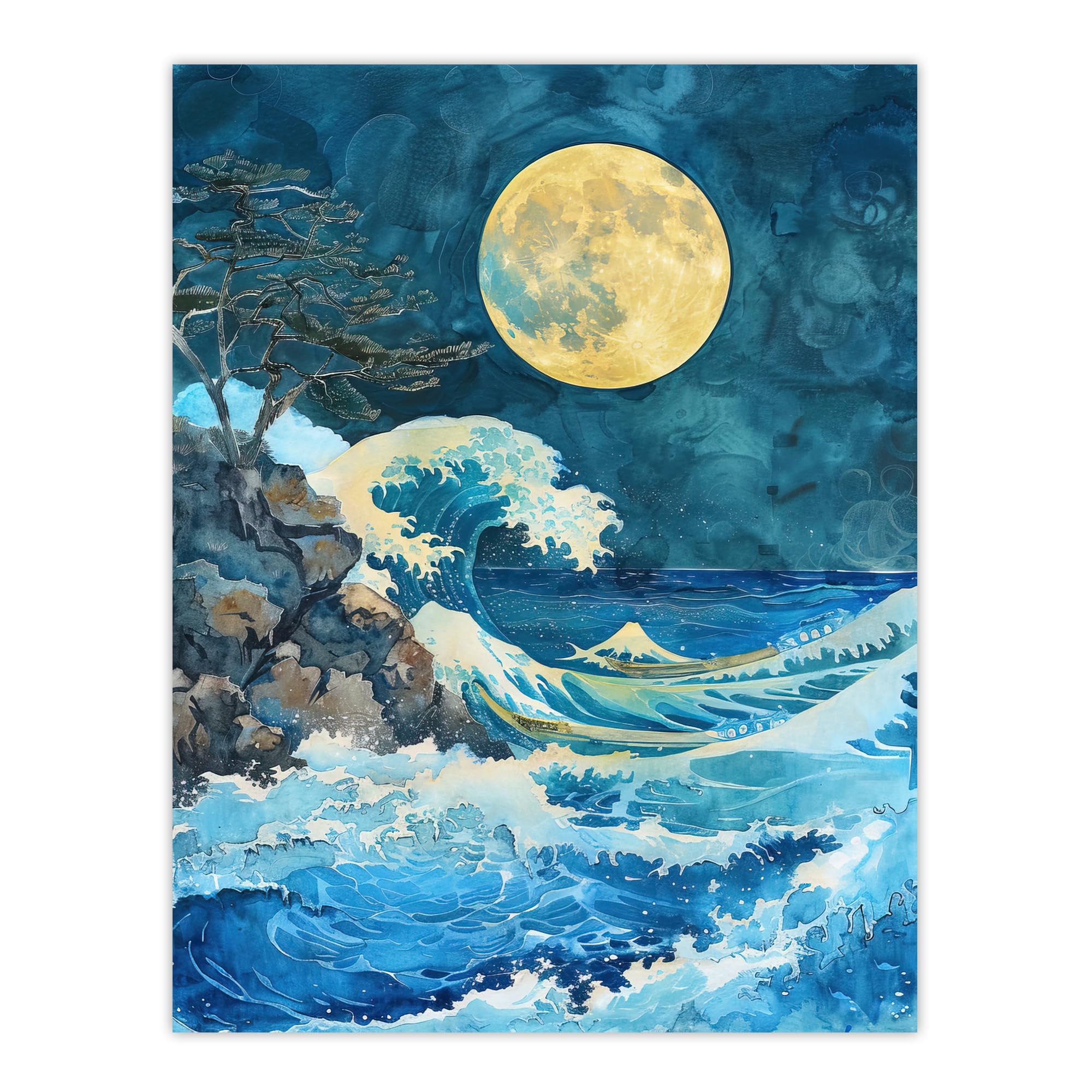 Artery8 Great Wave Seascape Under a Full Moon Watercolour Living Room Extra Large XL Wall Art Poster Print