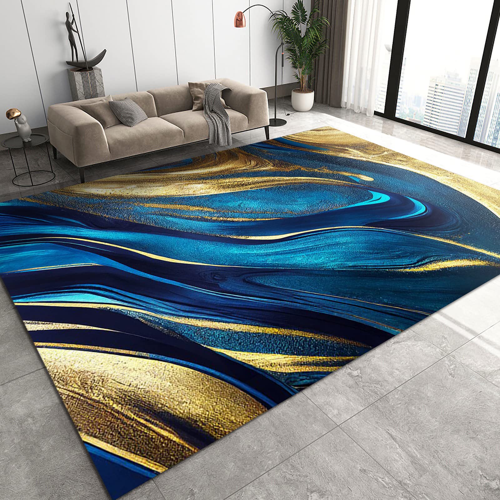 Tapis de chambre à coucher 3D incurvé 3D effet marbre bleu doré, antidérapant, doux au toucher, facile à nettoyer, pour bureau, famille et animaux de compagnie, 160 x 220 cm
