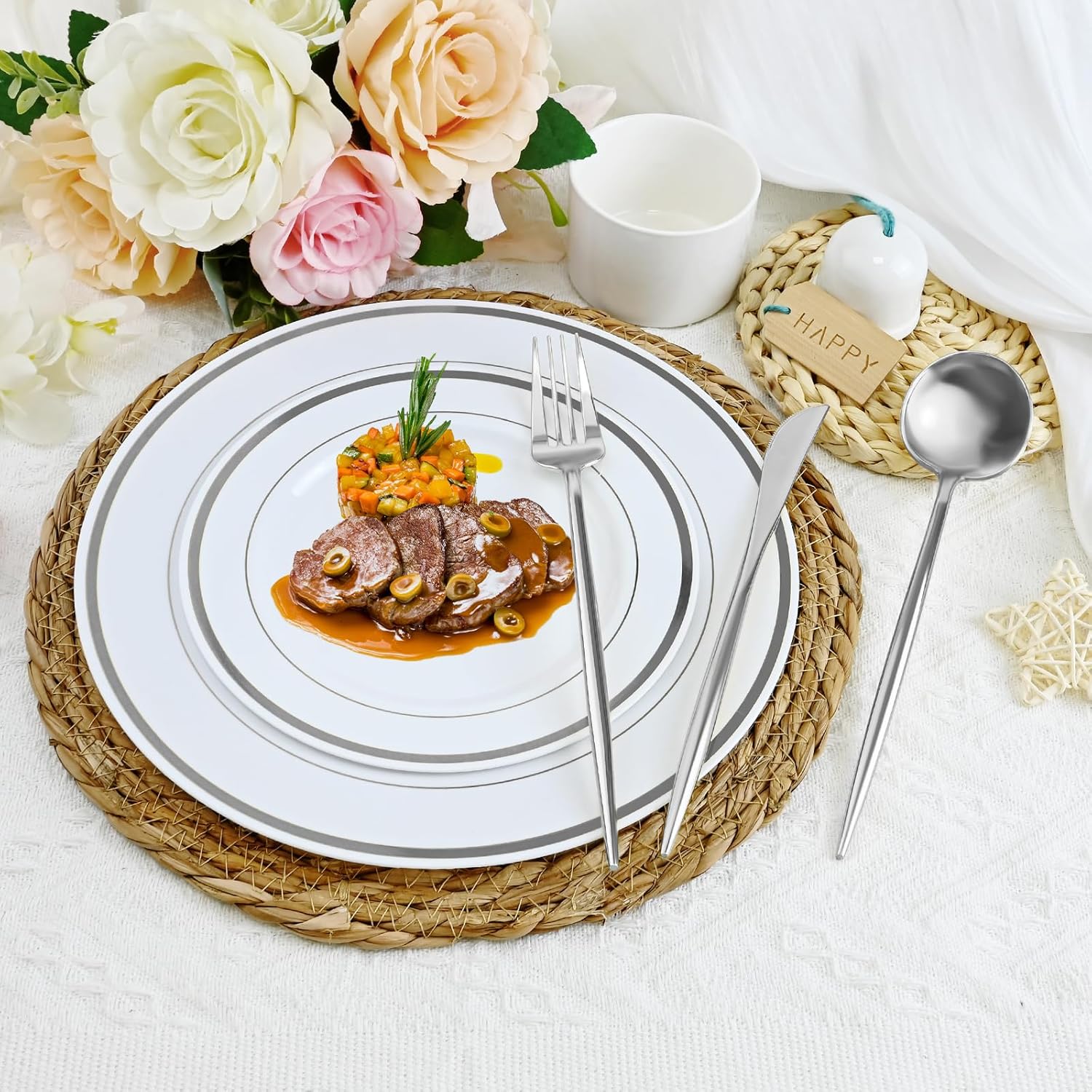 100Pack Silver Pre Rolled Plastic Silverware - Wrapped Silver Plastic Cutlery Set Include 100 Forks, 100 Knives, 100 Spoons and 100 Napkins, Heavy Duty Disposable Silverware for Party, Wedding