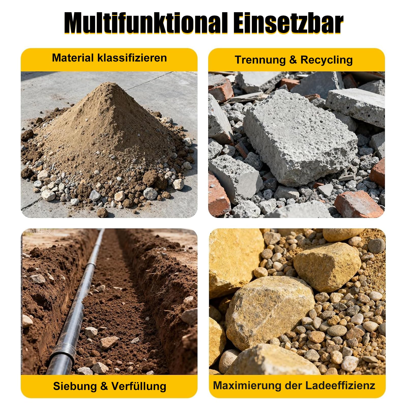 Siebschaufel Minibagger 60 cm, 800-1800 kg Sieblöffel | Manganstahl, 2,5 cm Sieböffnung, inklusive Pins, für Trennung von Erde, Sand, Steinen und grobem Material