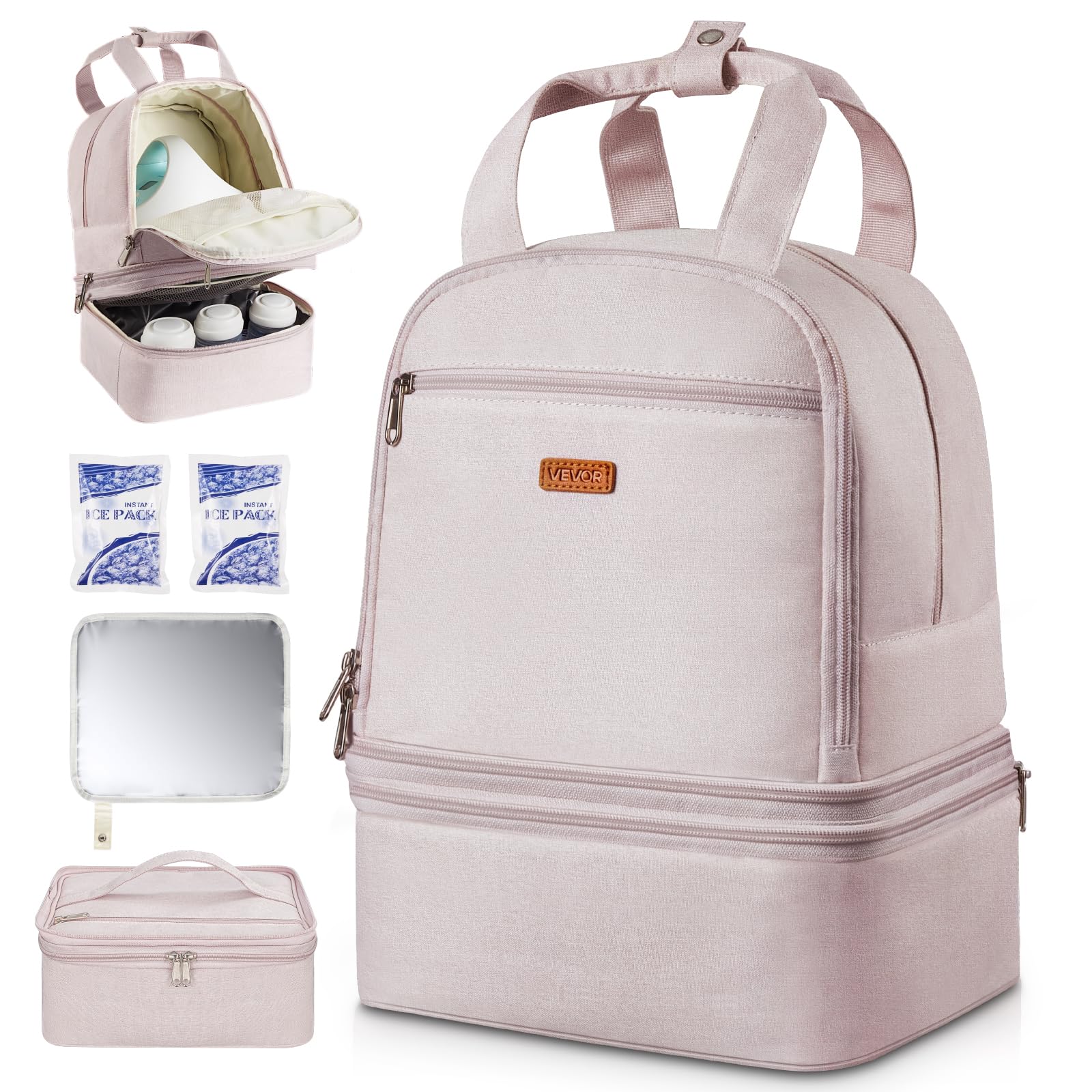 VEVOR Milchpumpen-Rucksack, 270x240x340 mm, mit Kühlakku, passend für S1/S2, Pumpzubehör & Muttermilchaufbewahrung, Wickel Rucksack für Arbeit, Reisen & Familiengebrauch, Hellrosa