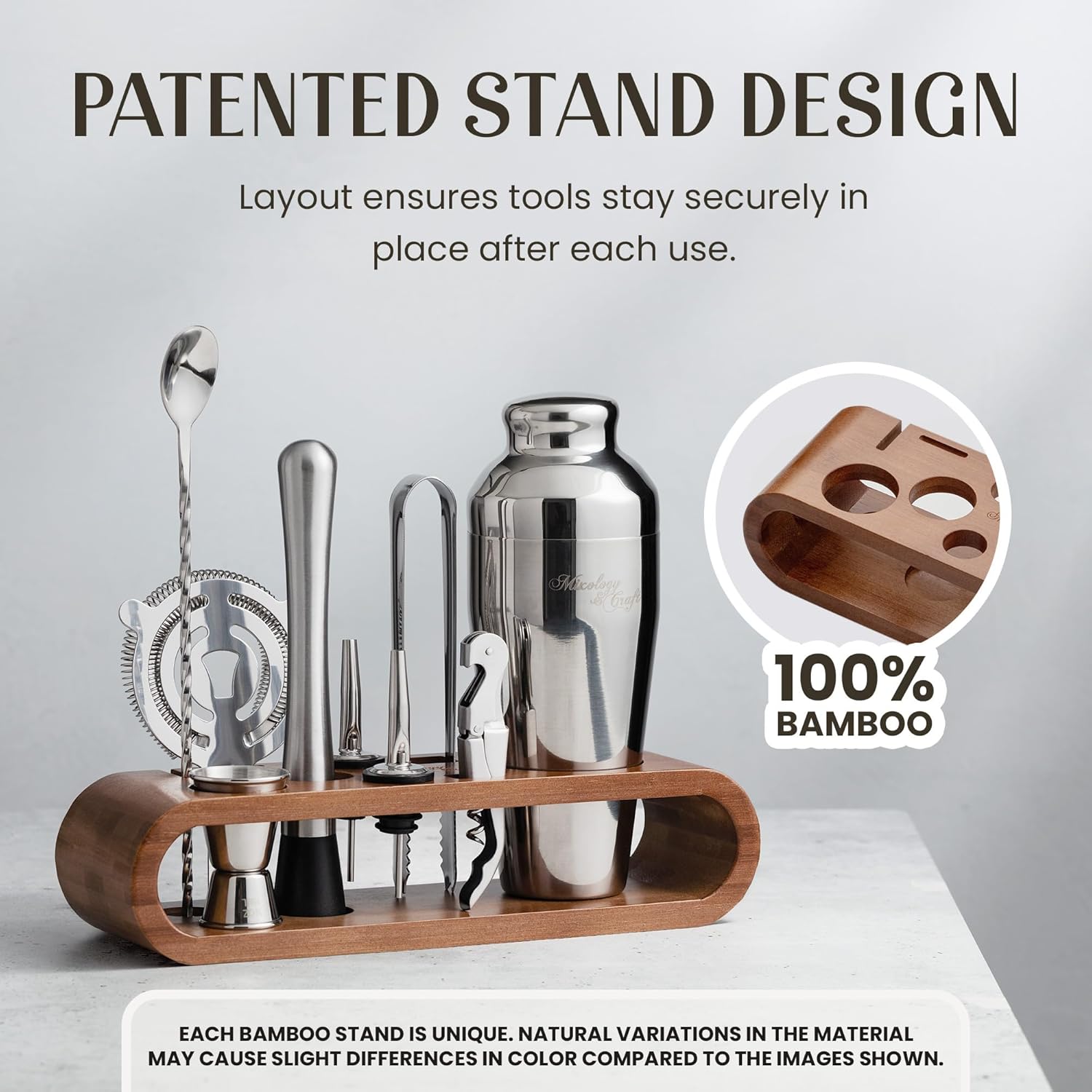 Mixology & Craft Cocktail Shaker Set with Bamboo Stand - Professional 18oz 10-Piece Bartender Kit, Complete Bar Set for Home Use with Jigger, Muddler, Strainer, Spoon, Pourers & Corkscrew (Silver)