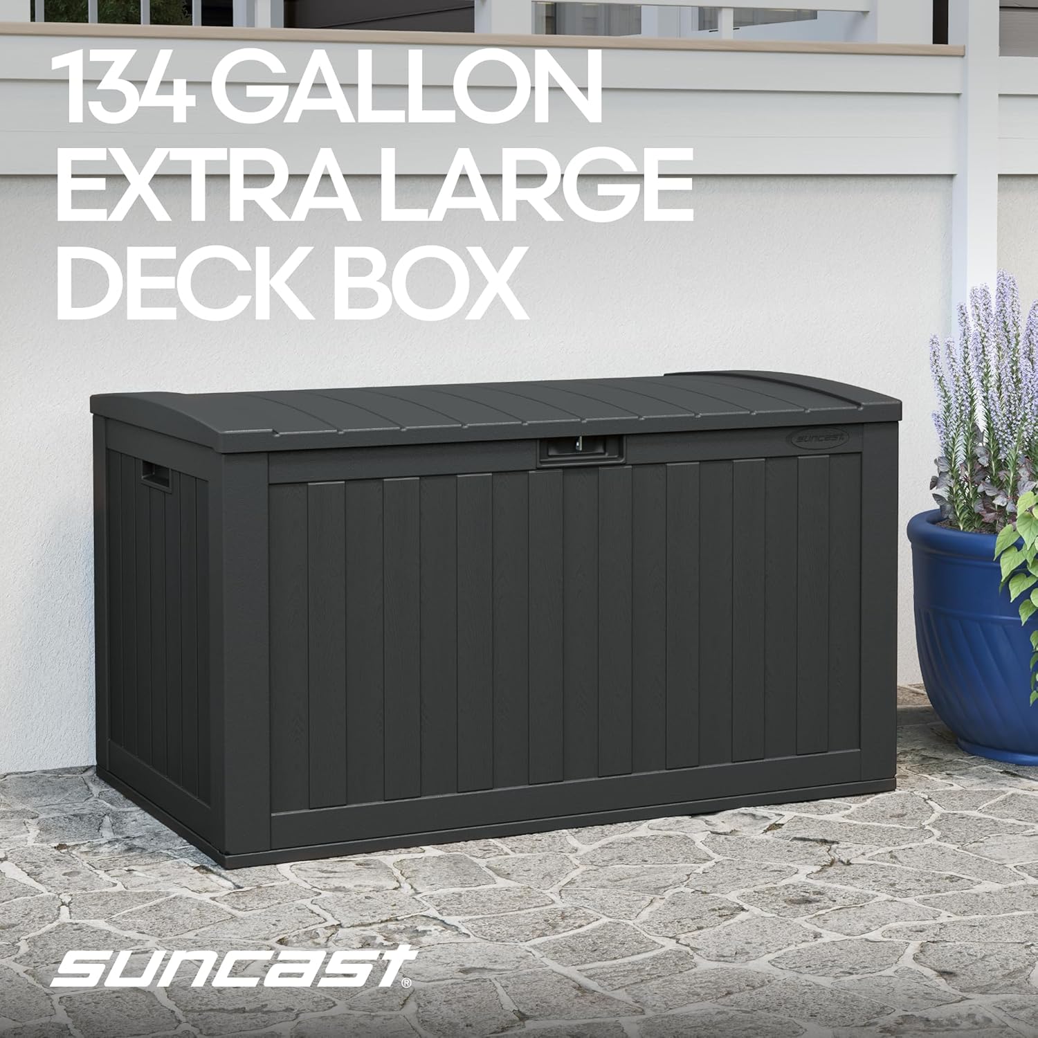 Suncast 134-Gal. Resin Extra-Large Outdoor Patio Deck Box with Pad-Lockable Lid, Modern Outdoor Patio Bench/Storage Box for Cushions, Garden Tools, and More, Iron Ore - Image 2