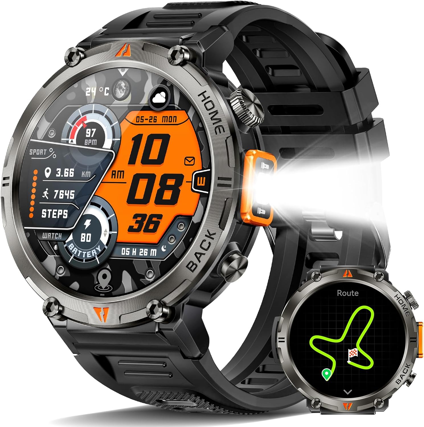 Foxhawk Military Smart Watches with GPS Tracker, 1.45” HD Rugged Smart Watch with LED Flashlight Compass, 3ATM Waterproof Tactical Smartwatch for iOS Android, Fitness Watch for Men Bluetooth Calling