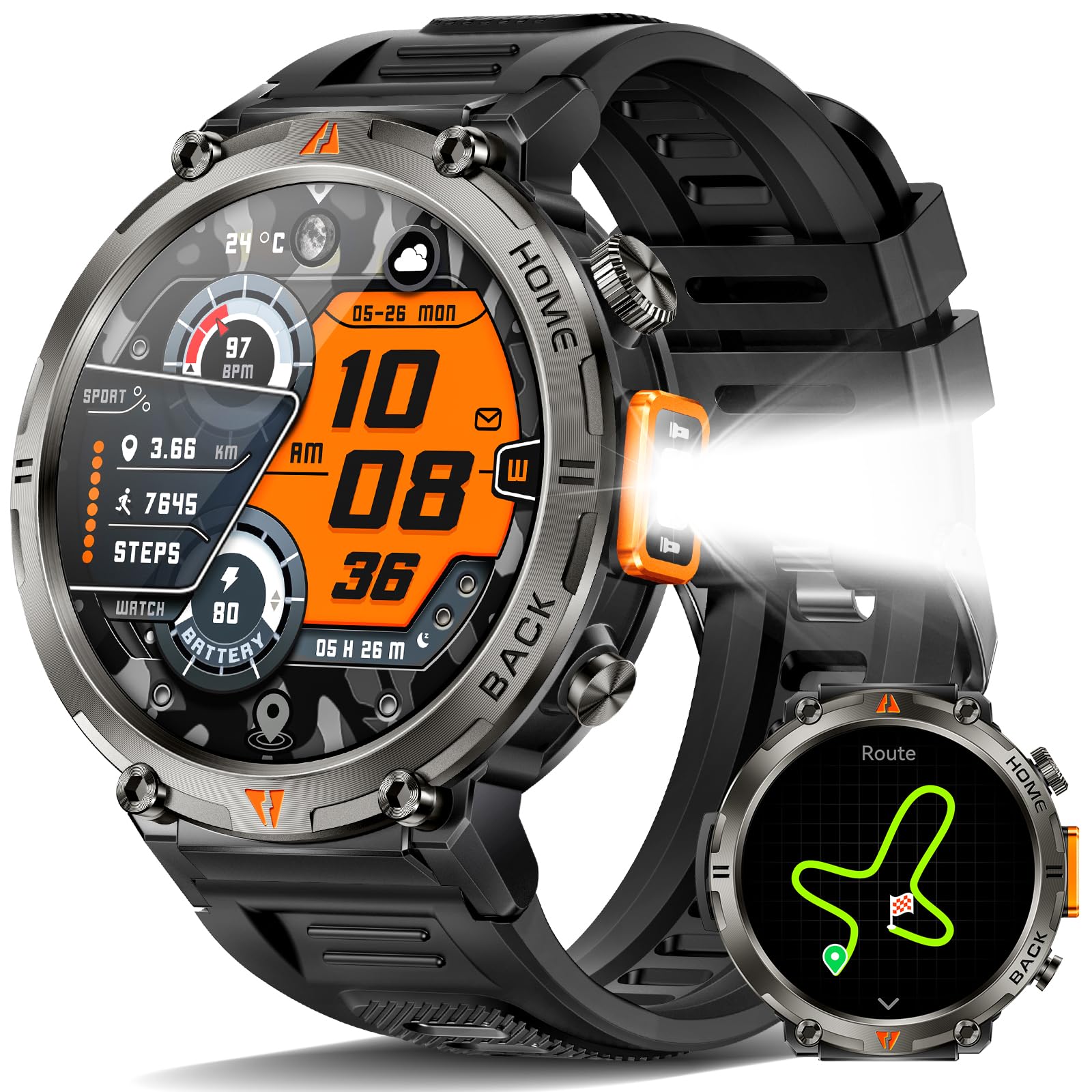 Foxhawk Smart Watch militare con localizzatore GPS, 1,44 pollici HD robusto Smart Watch con torcia a LED bussola, 3ATM impermeabile Smartwatch tattico per iOS Android, orologio fitness da uomo