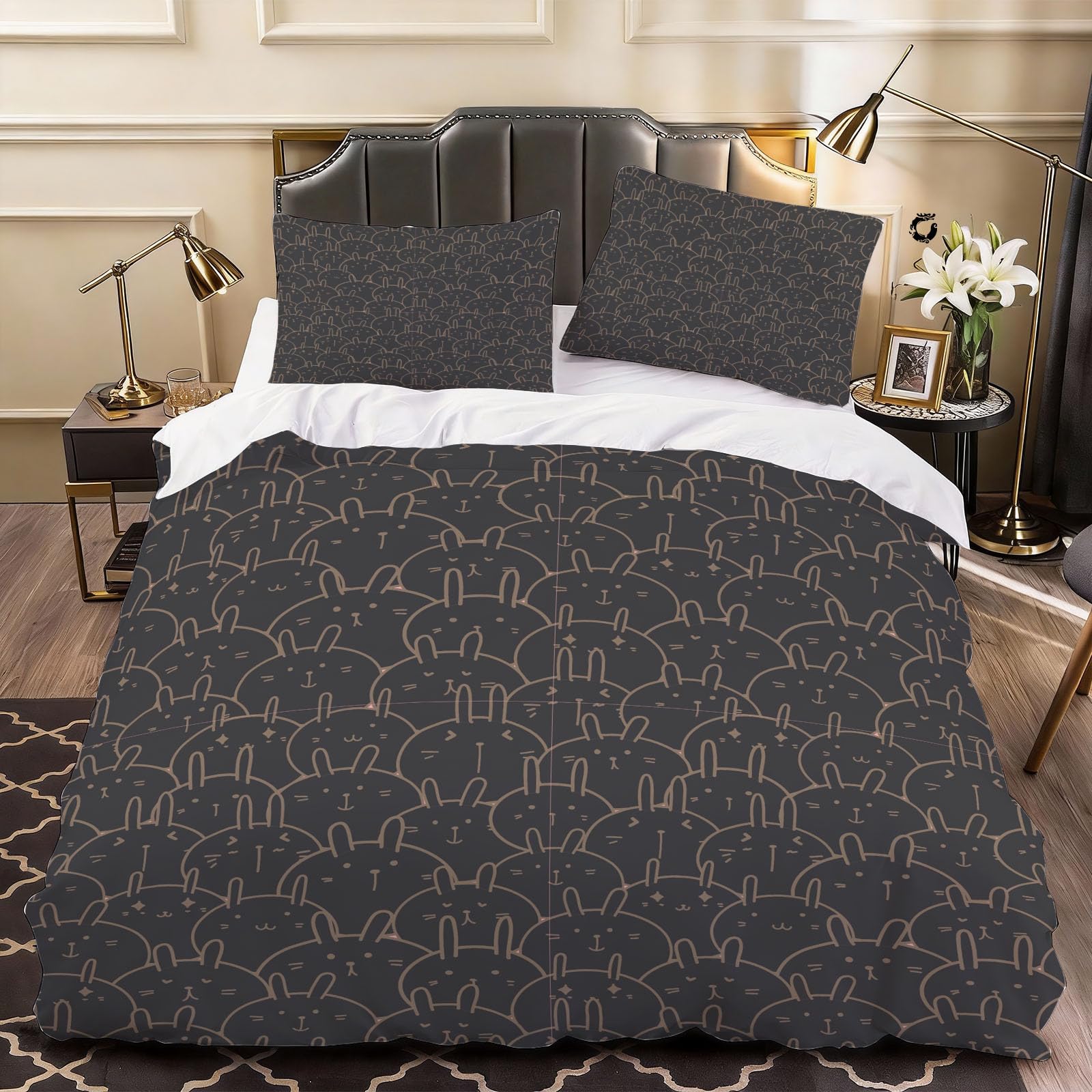 3D Rabbits Print Duvet Cover Cute Bedding Double Bed Set, Soft Microfiber Comforter Cover Printed with Zipper Closure Quilt Coverr 200x200 cm and 2 Pillowcases