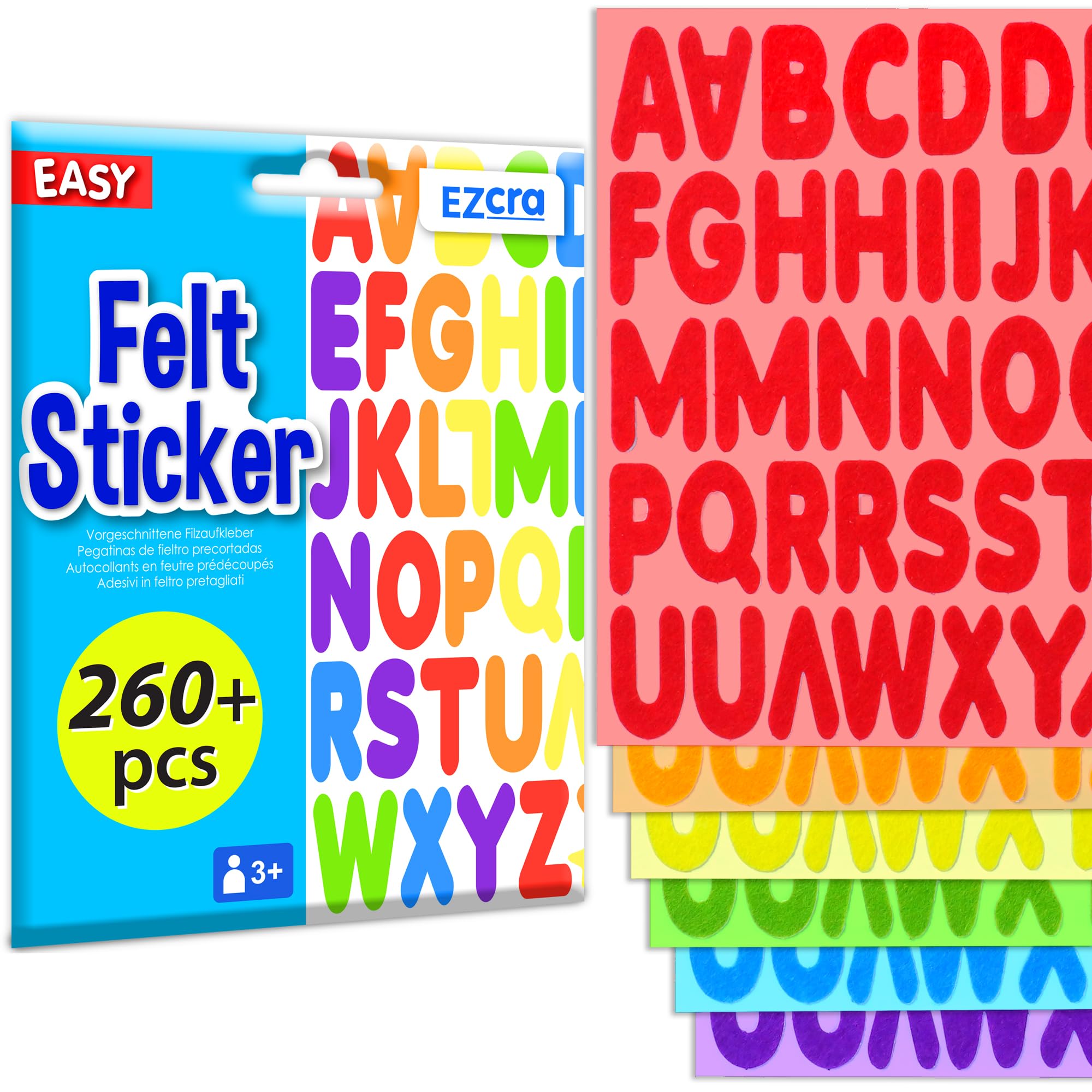 EZCRA Felt Alphabet Stickers, Large Self-Adhesive A-Z Puffy Letters for Kids Ages 3-5 – Classroom, Preschool, Homeschool DIY, Scrapbooking, 260+