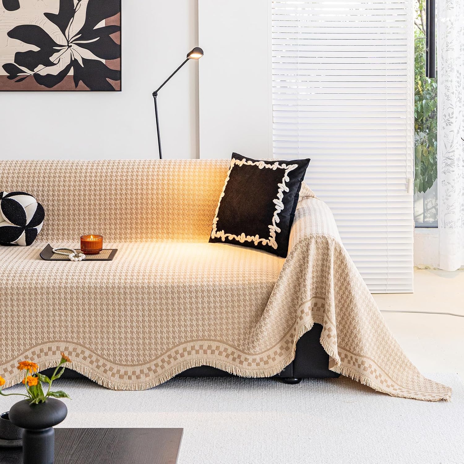 ROOMLIFE Couch Cover 3 Cushion Sofa, Washable Non Slip Furniture Sofa Protector Cover, Soft Chenille Sofa Slipcovers Sectional L Shape Dogs Couch Cover Throw Blanket with Tassels 71''X118''