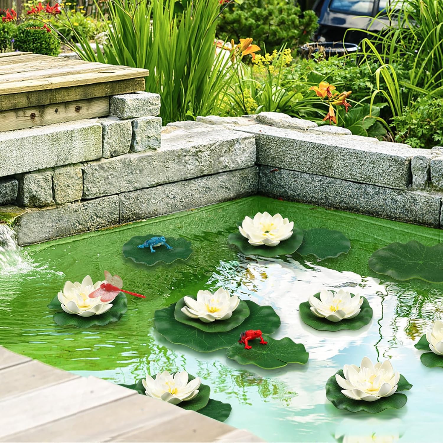 14 Pièces Nénuphar Flottant Fleurs Artificielles, Fleur de Nénuphar de Lotus avec Libellule Grenouille Artificielle Nenuphar Flottant Lotus pour Jardin, Aquarium, Etang de Jardin Décor