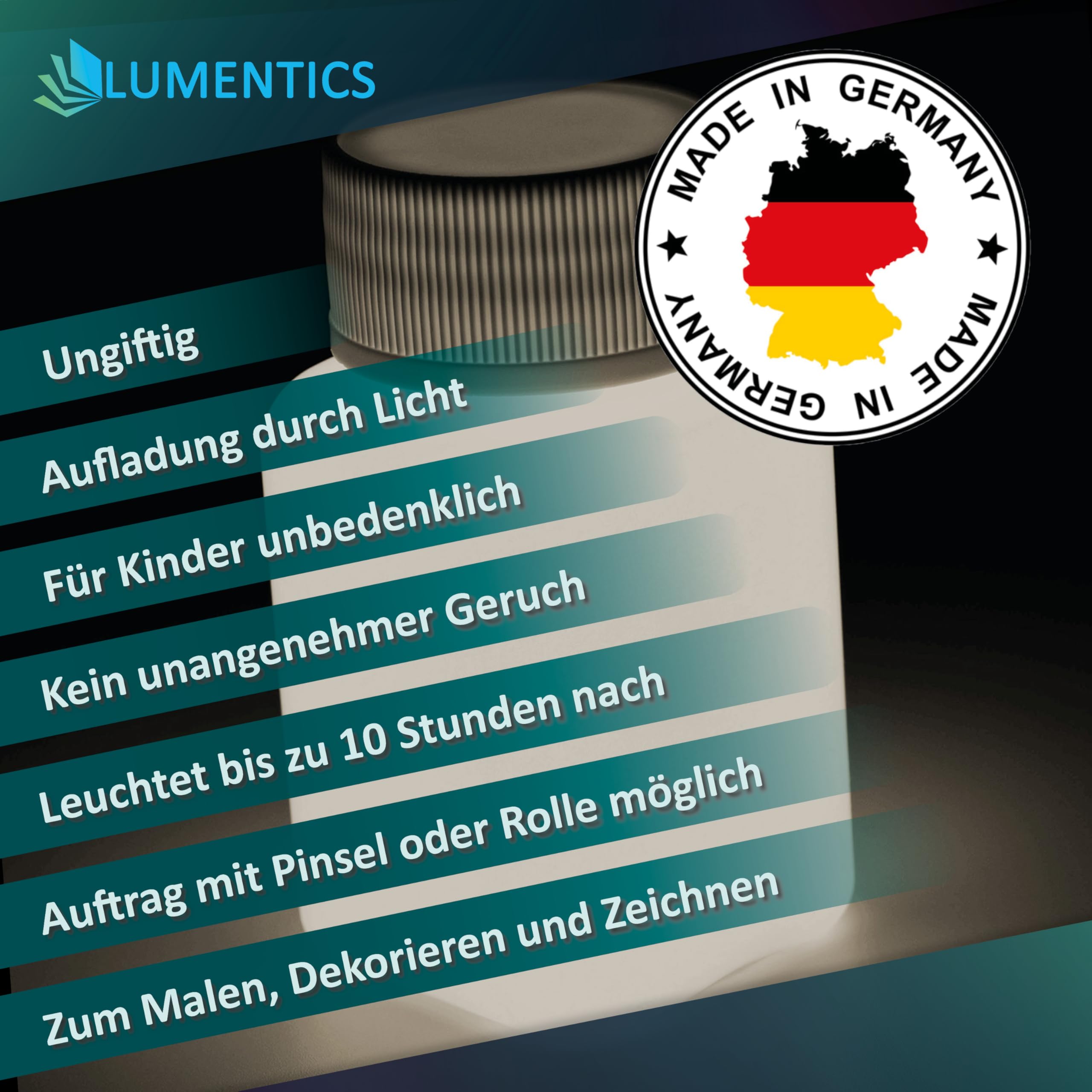 LUMENTICS Malfarbe Weiß nachleuchtend 100g - Im Dunkeln leuchtende Malfarbe - Nachleuchtende UV Farbe mit Glow Effekt - Phosphoreszierend - Made in Germany