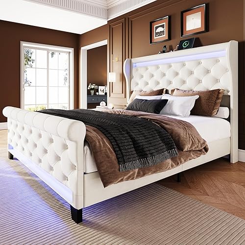 Miniatura 9 de Belffin Marco de cama tamaño Queen con cabecero, cabecero tapizado de terciopelo de 50 pulgadas de alto, cama plataforma con luces LED y 2 puertos
