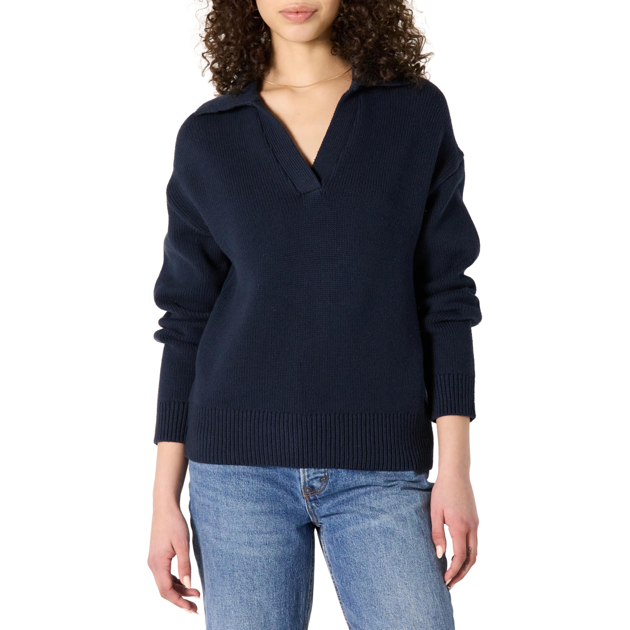 Amazon Essentials Women's Relaxed-Fit Heavyweight Cotton Long Sleeve V Neck Polo Pullover Sweater