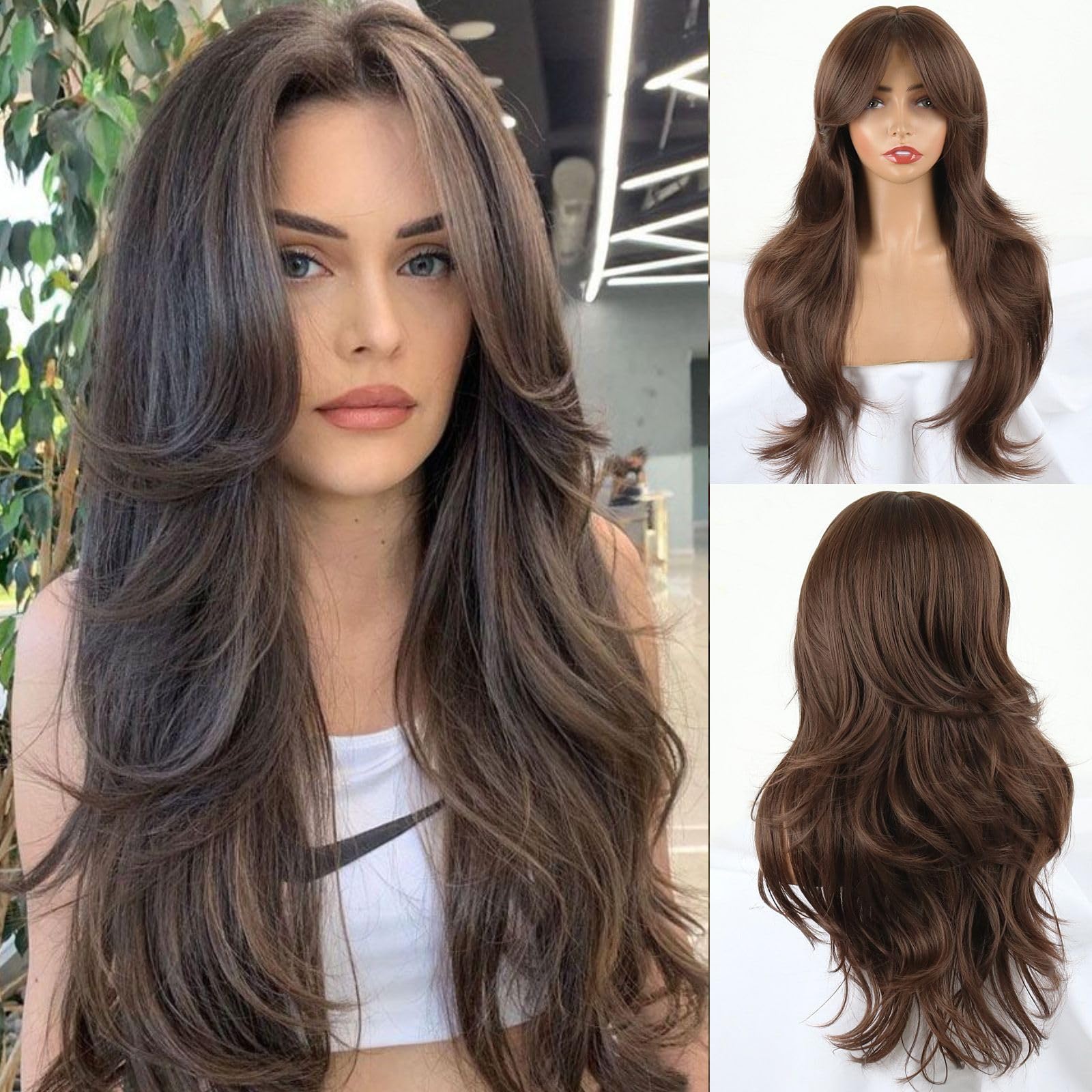Mayoud Layered Wig With Curtain Bangs For Women Dark Brown