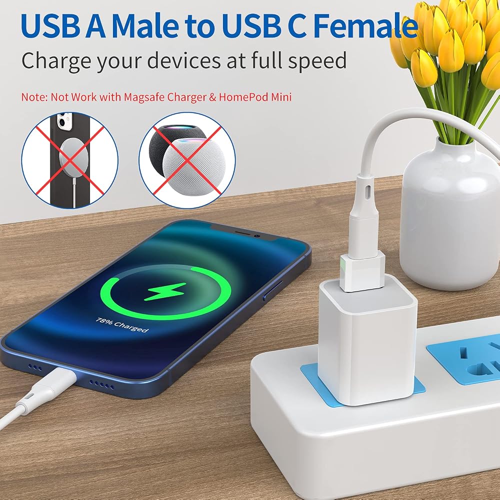 USB C Female to USB Male Adapter (4-Pack), Type C Charging Cord Connect USB A Charger for iPhone 17 16 15 14 13 12 11 Pro Max, iPad Air 5 Mini 6, Samsung Galaxy S25 S24 S23 S22 Ultra,Google Pixel 9 8