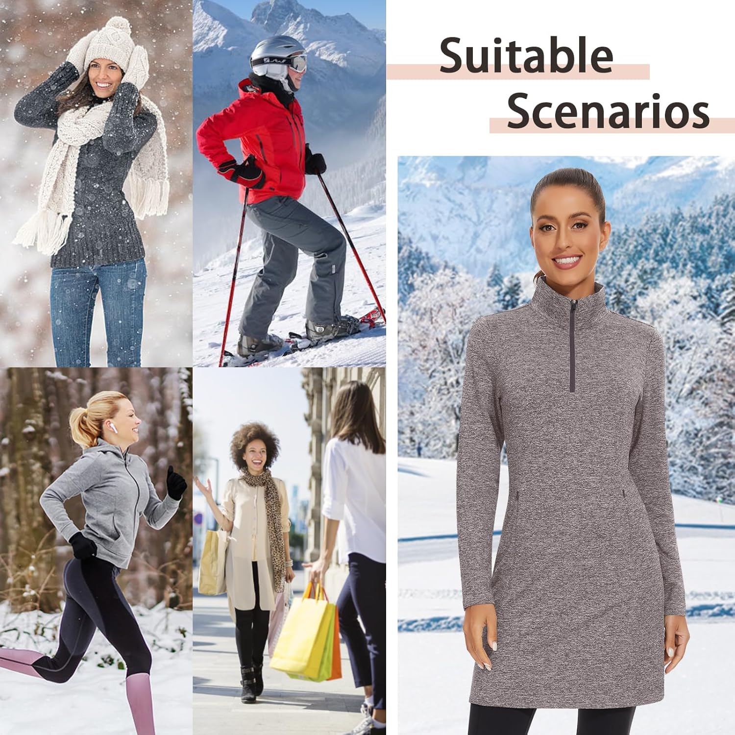 WOWENY Women's Fleece Dress Thermal Sweatshirt Tunic Dress Long Quarter Zip Pullover Polar Winter Dress with Pocket - Image 4