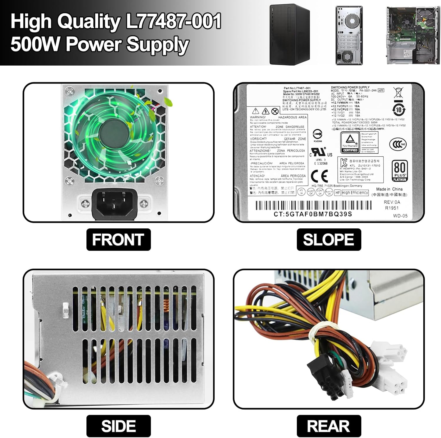 LXun Upgraded L77487-001 L89233-001 500W PSU Power Supply Compatible with HP 280 G8 Pro Z2 G5 Festo Replacement Parts L77487-003 L81009-800 PA-5501-2HA DPS-500AB-51 TE01 TG01 Power Supply