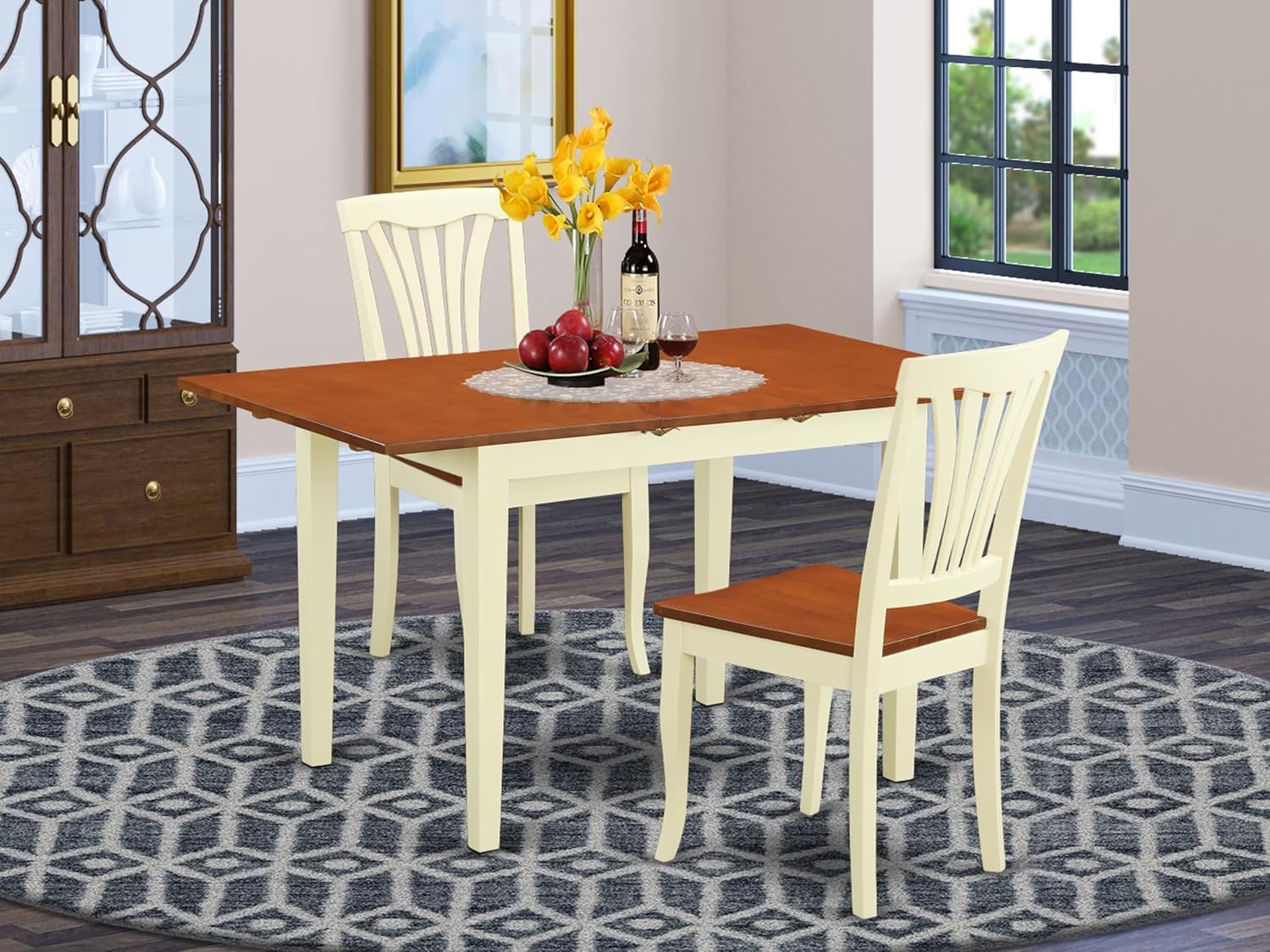 East West Furniture NOAV3-WHI-W 3 Piece Kitchen Table Set for Small Spaces Contains a Rectangle Dining Room Table with Butterfly Leaf and 2 Solid Wood Seat Chairs, 32x54 Inch, Buttermilk & Cherry