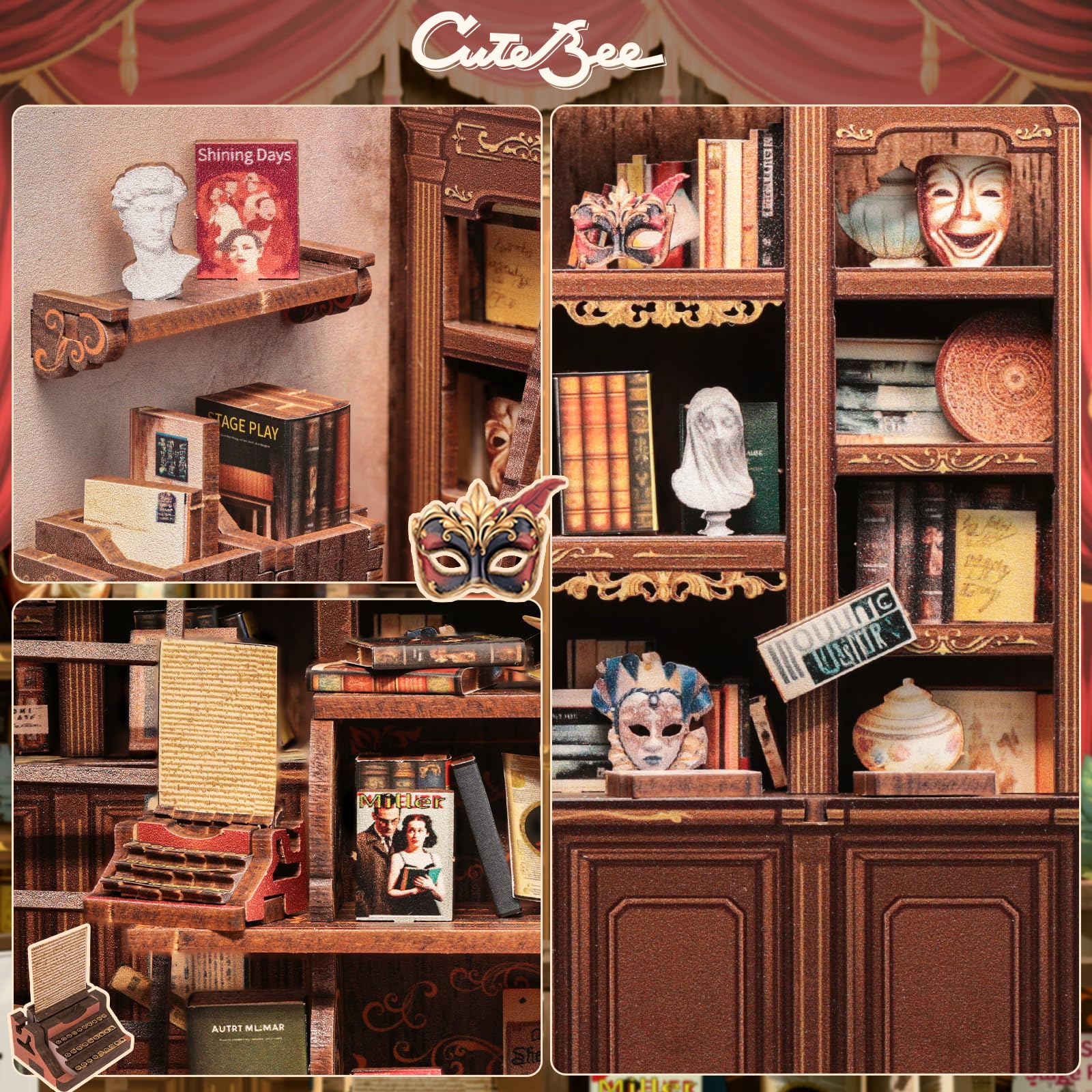 CUTEBEE Book Nook Kit - Casa Delle Bambole in Miniatura DIY per Adulti, Stile Miniature da Costruire di Legno Puzzle 3D Drammatico Classico, Regali per Familiari e Amici (The Drama Bookshop)