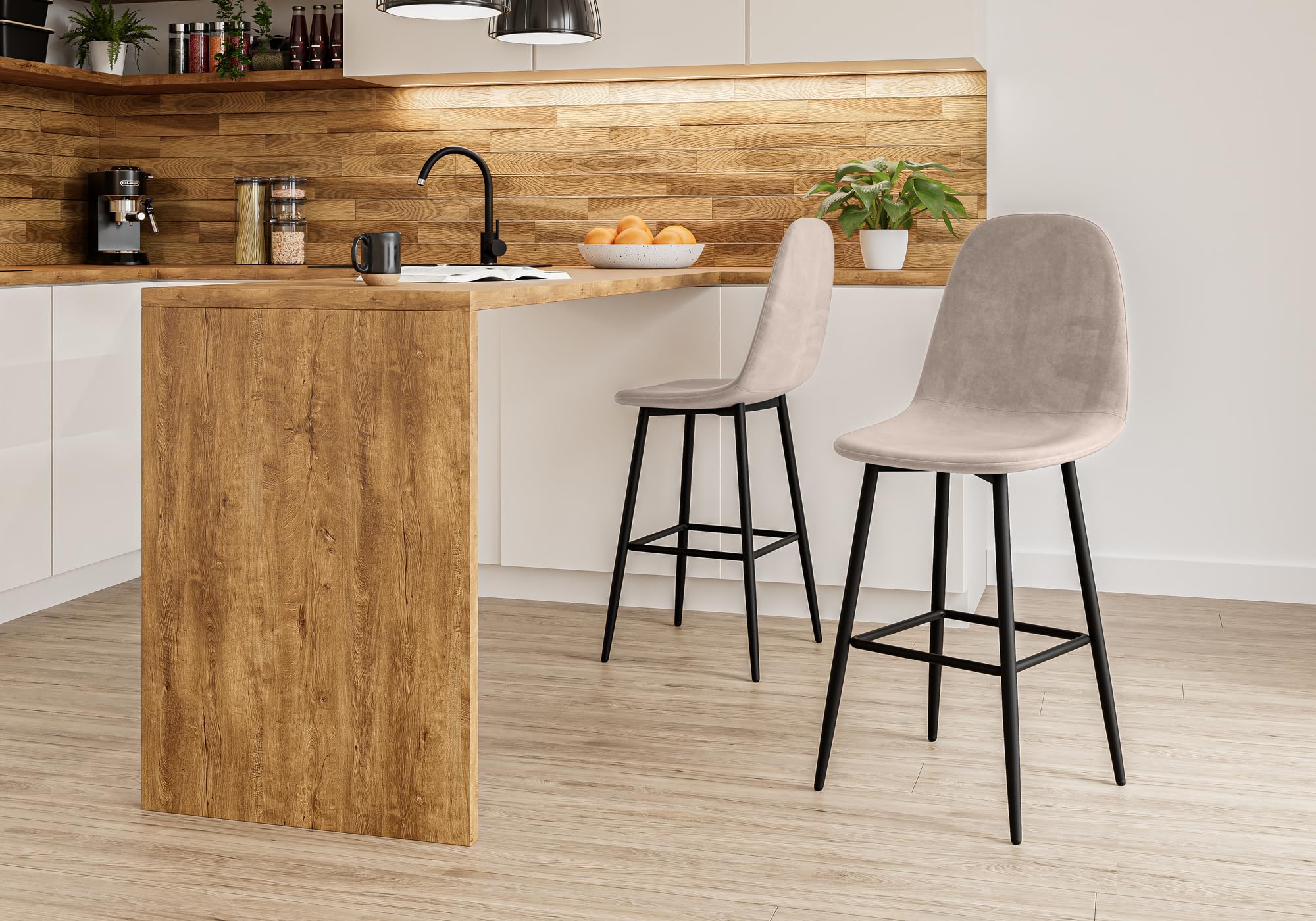 BAÏTA Set di 2 sgabelli da bar Lena in velluto beige con base in metallo nero