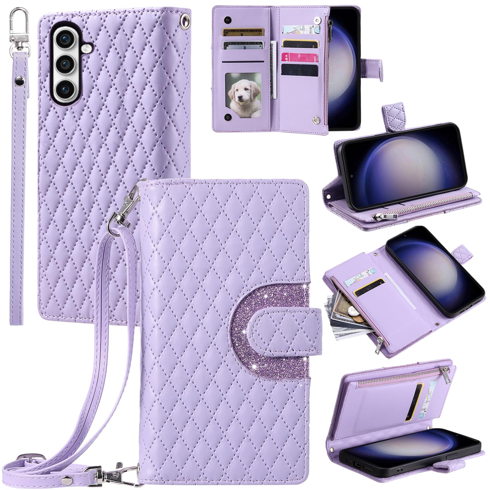 Phone Case for Samsung Galaxy S23 FE 5G Wallet Cover with and Crossbody Wrist Strap Shoulder Strap 9+ Card Slots Zipper Purse Luxury PU Leather Stand Cell S 23 EF S23FE 23S Women Men Purple