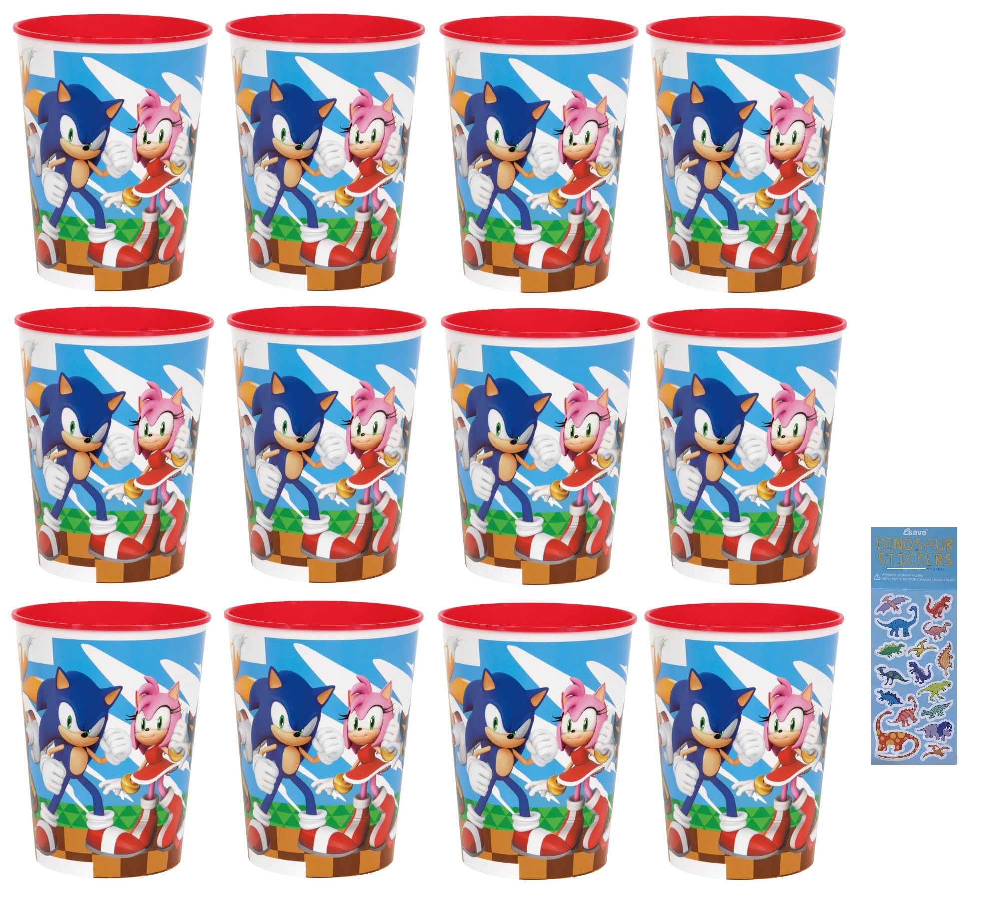 Unique Sonic the Hedgehog Birthday Party Supplies Bundle includes 12 Plastic Reusable Cups 16oz and 1 Dinosaur Sticker Sheet