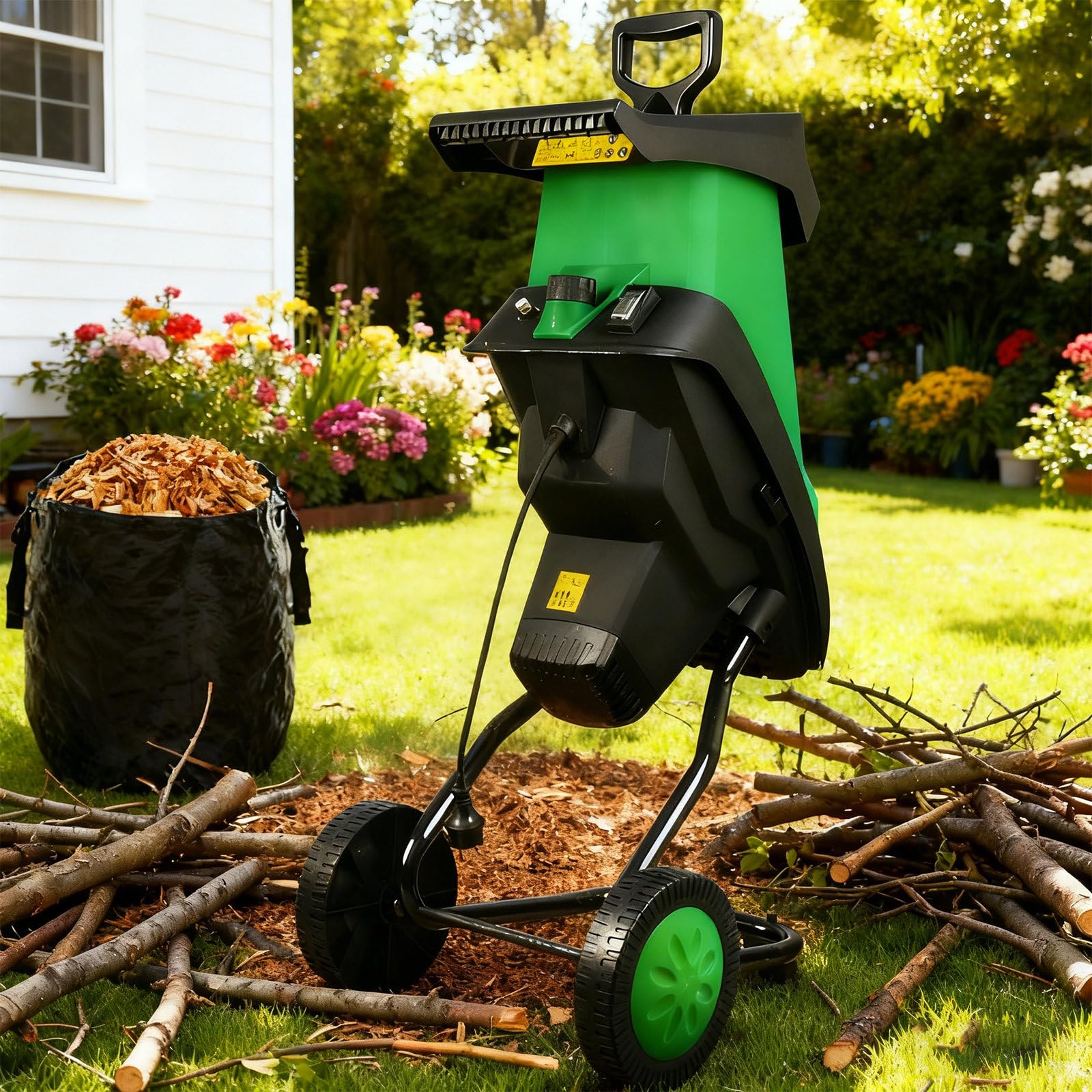 Trituradora De Madera Eléctrica, Trituradora De Jardín, Motor De Alto Par De 2400 W. Tritura Arbustos, Raíces Y Ramas De hasta 4 Cm. con Bloqueo De Seguridad, Varilla De Empuje