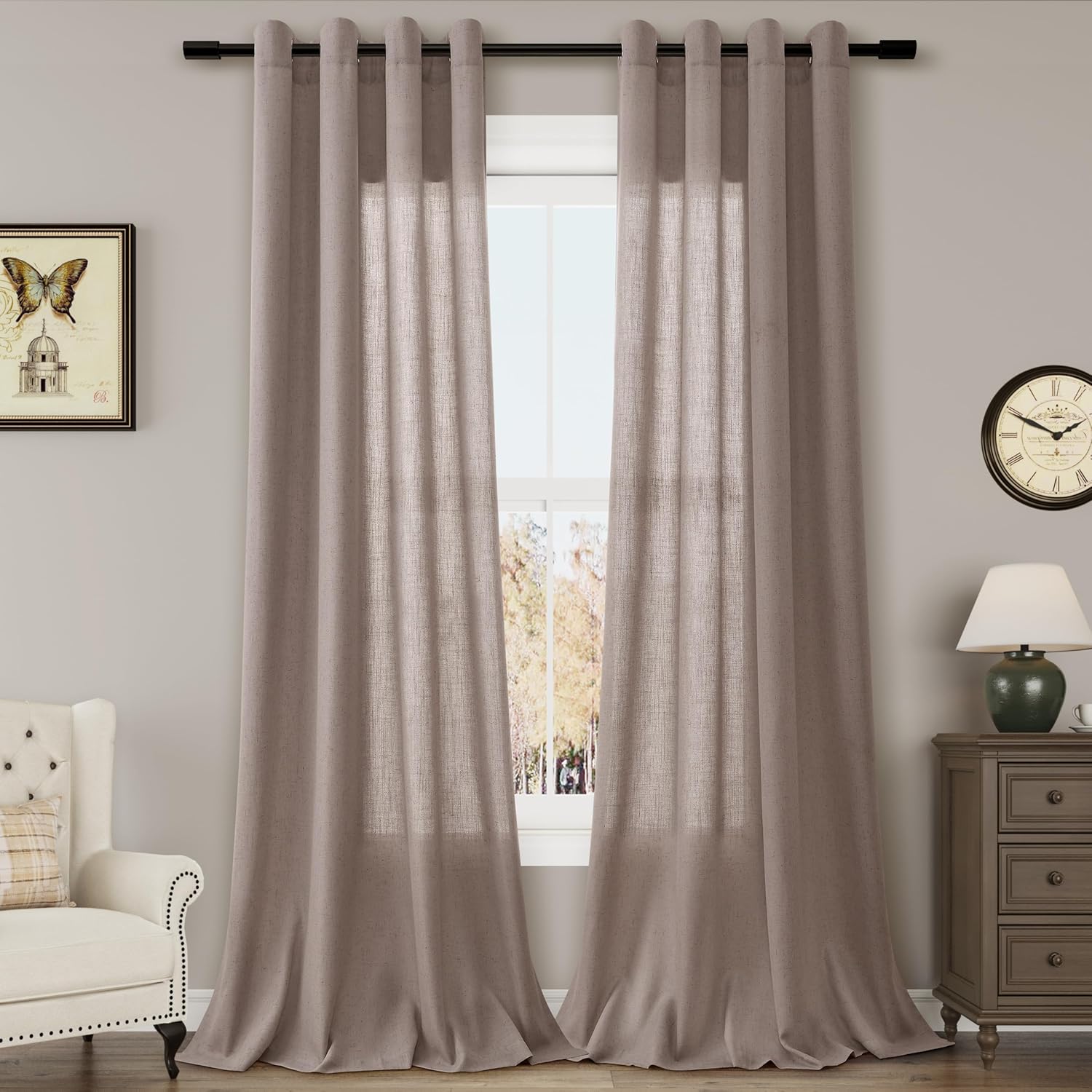 Dark Apricot 96 Inch Linen Curtains for Sliding Door Living Room Grommet Neutral Farmhouse Boho Light Filtering Semi Sheer Curtain Drapes for Bedroom 96 Inches Long Dark Apricot 52"W x 96"L (Pack of 2)