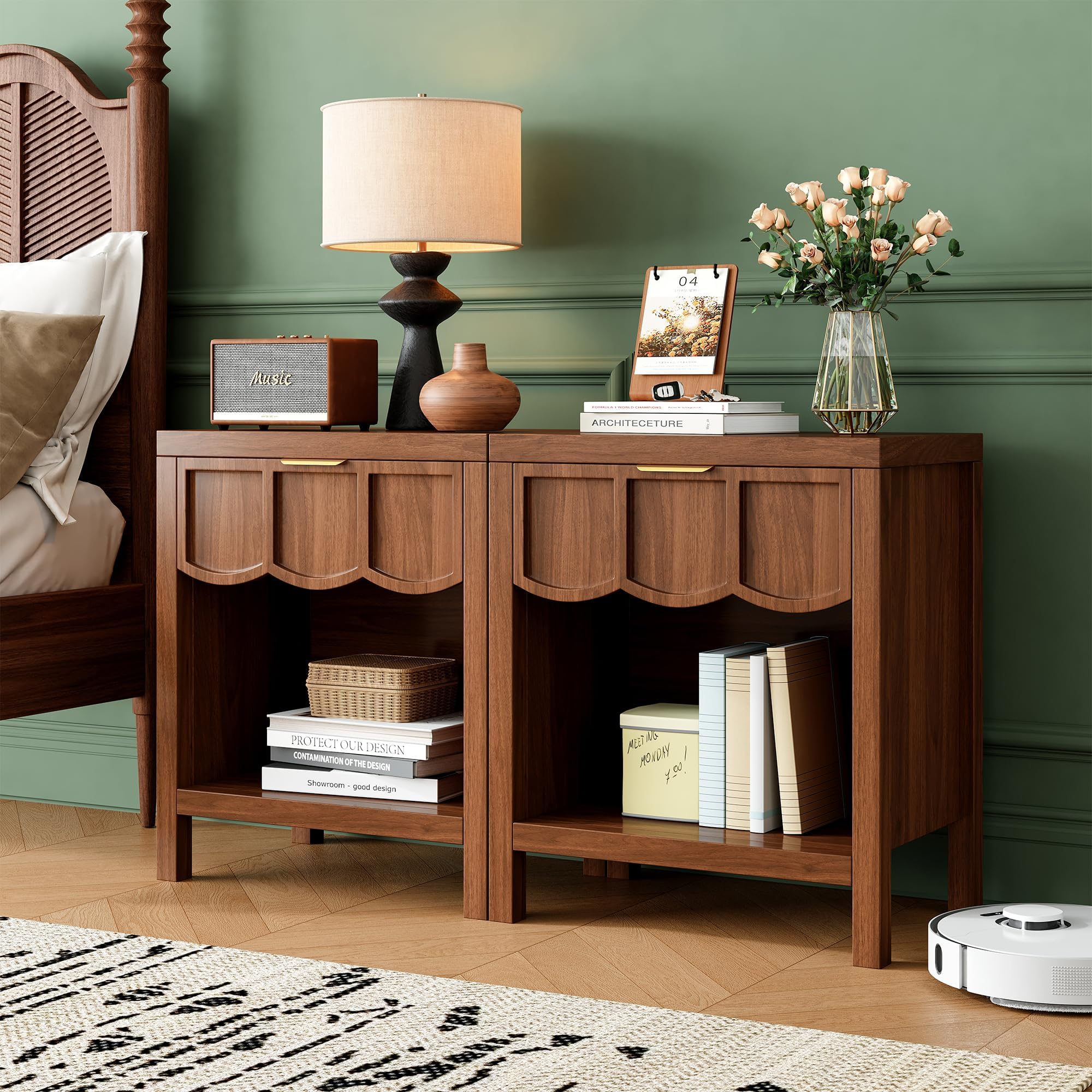 24" Nightstand Set of 2, Solid Wood End Table with Wave Panel Drawer, Mid Century Modern Chest of Drawers, Wooden Side Table Bedside Table for Bedroom, Living Room, Small Space, Walnut