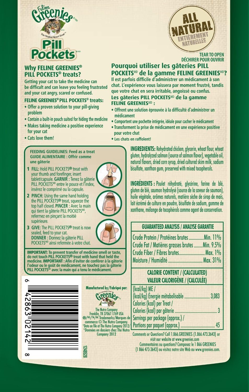 Greenies Feline Pill Pockets for Cats Natural Soft Cat Treats, Salmon Flavor, 1.6 oz. Pouch (45 Treats)