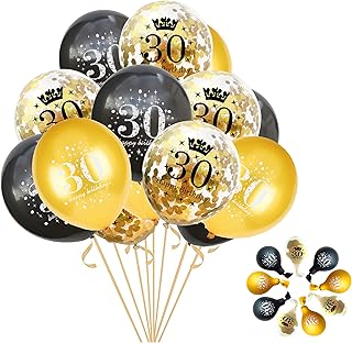Jonhamwelbor 30th Birthday Balloons Gold and Black Party Decorations 15 Pack 12 inch Latex and Confetti Balloon Printed with Happy Birthday 30 for Women Men