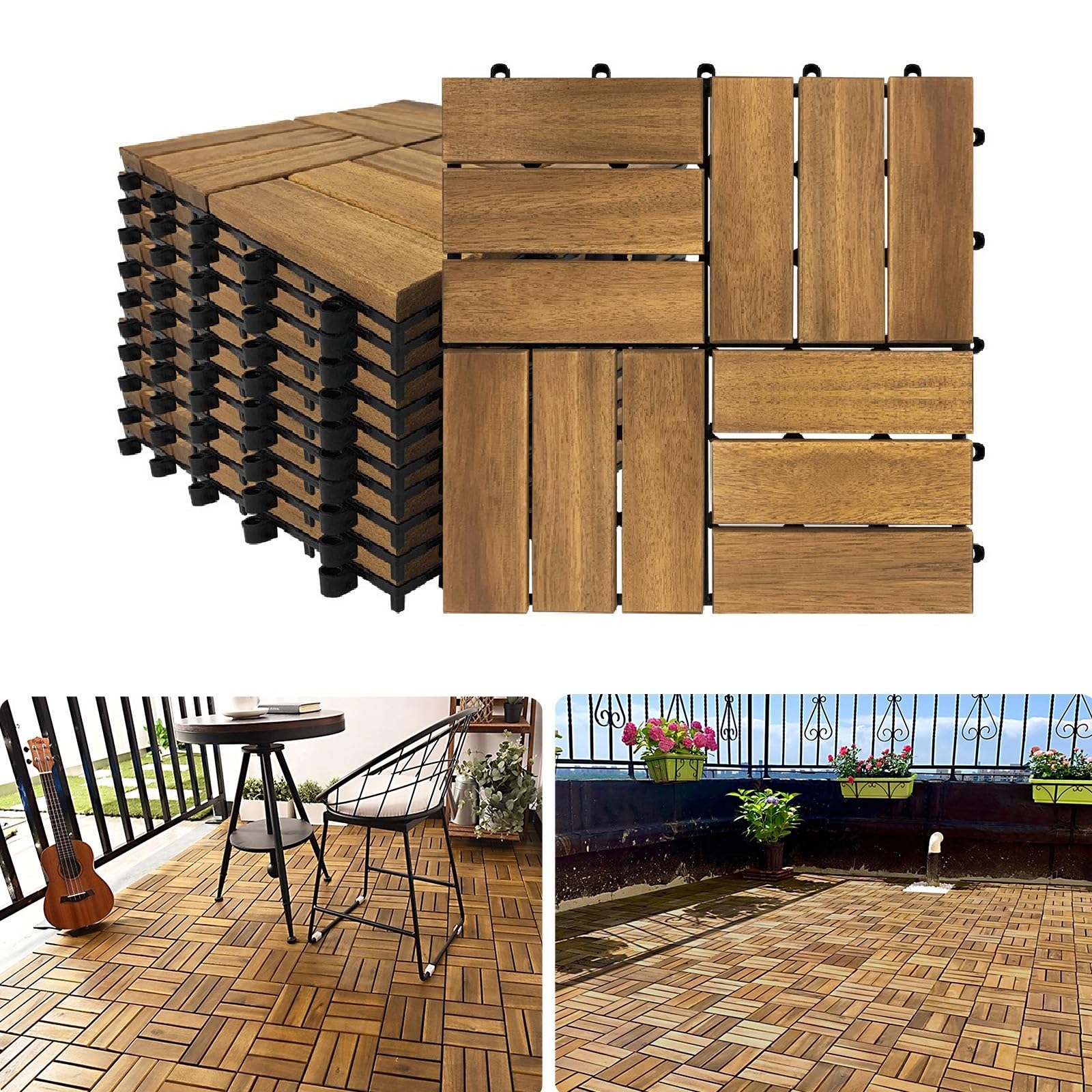 YEATHOR Acacia Wood Decking Tiles 30x30cm Garden Flooring Interlocking Deck Floor Tiles with Click System & Drainage Base Solid Anti-Slip for Patio Balcony Terrace Poolside, Type B 11pcs