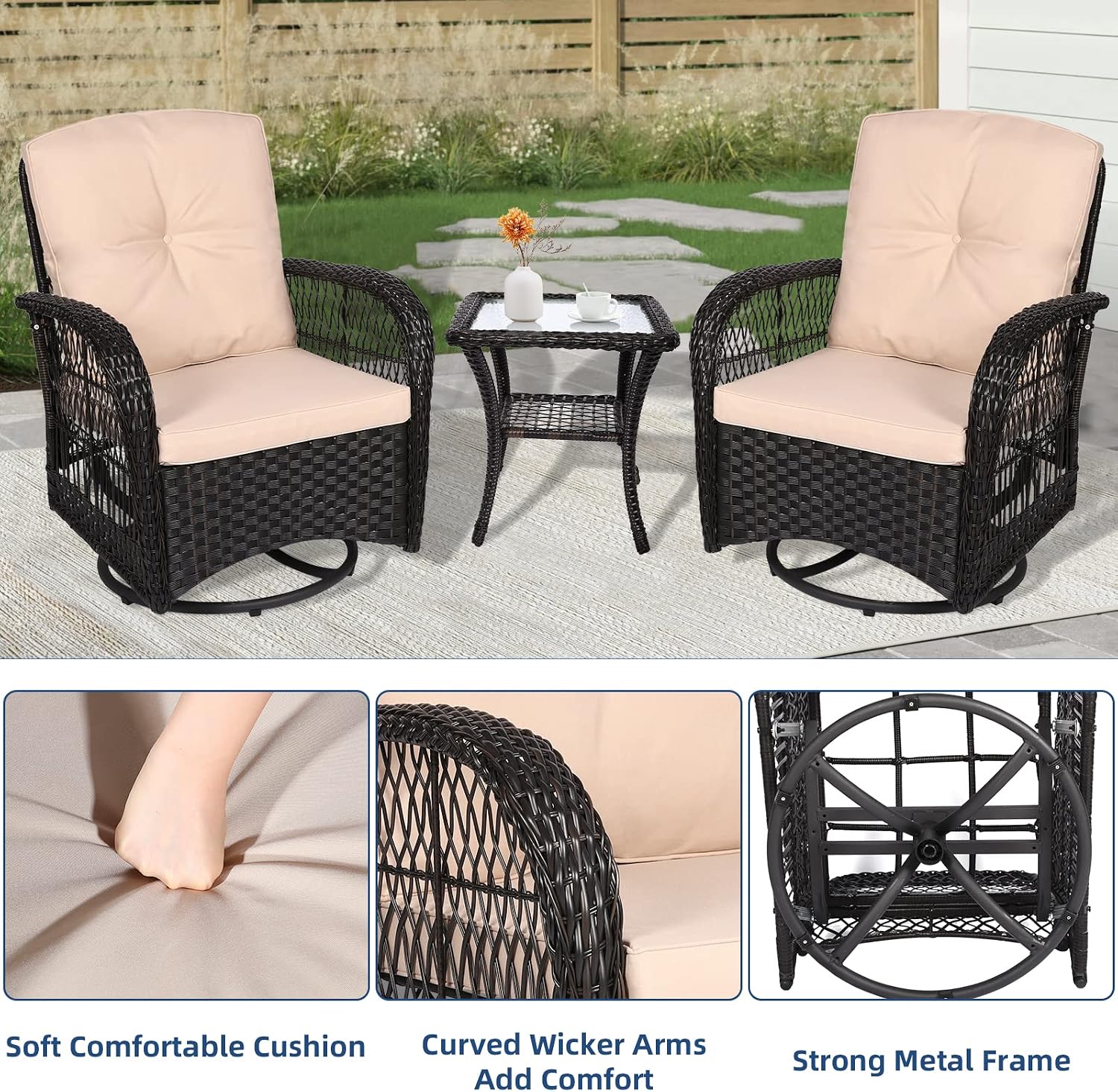 3-Piece Patio Wicker Conversation Bistro Set, Rattan Gliding Rocking Swivel Chairs with Cushion and Glass Top Side Table Outdoor Furniture Sets for Garden Backyard, Dark Brown