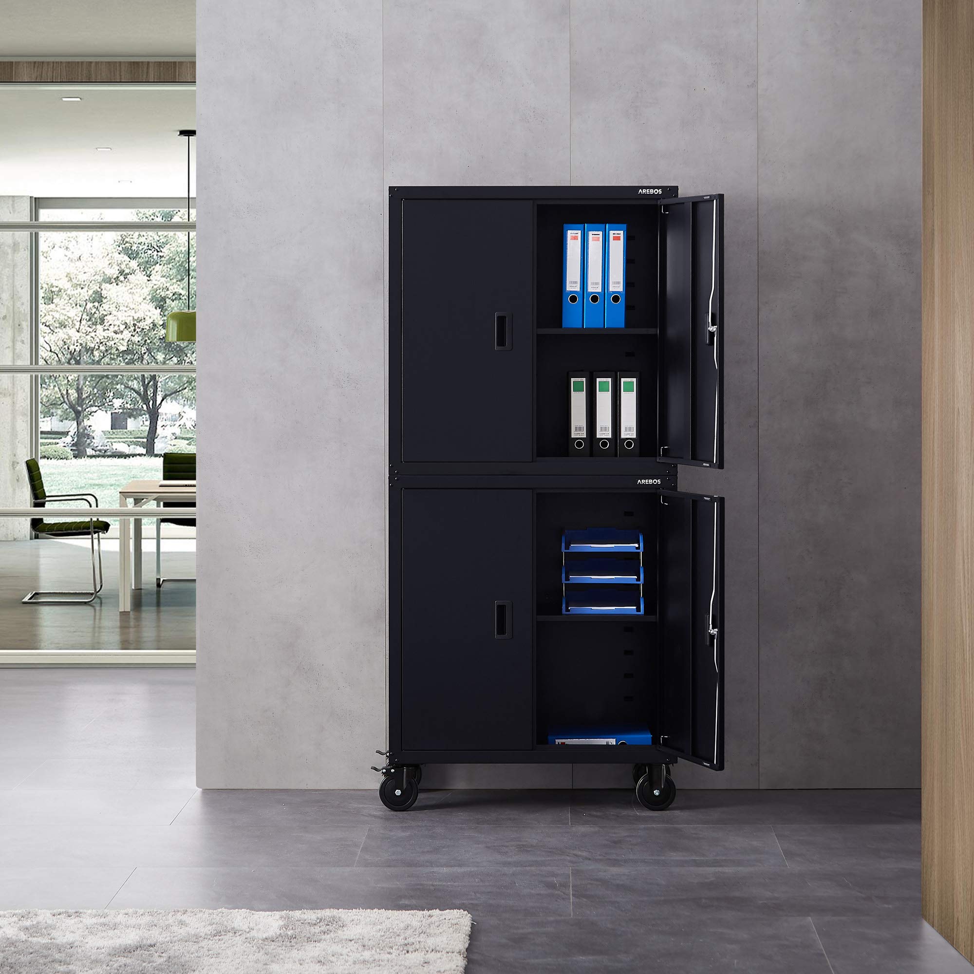AREBOS Meuble de Bureau | Noir | 195 x 40 x 90 cm | Lot de 2 | 4 Portes | avec roulettes | Tablettes réglables en Hauteur | avec Serrure à Cylindre