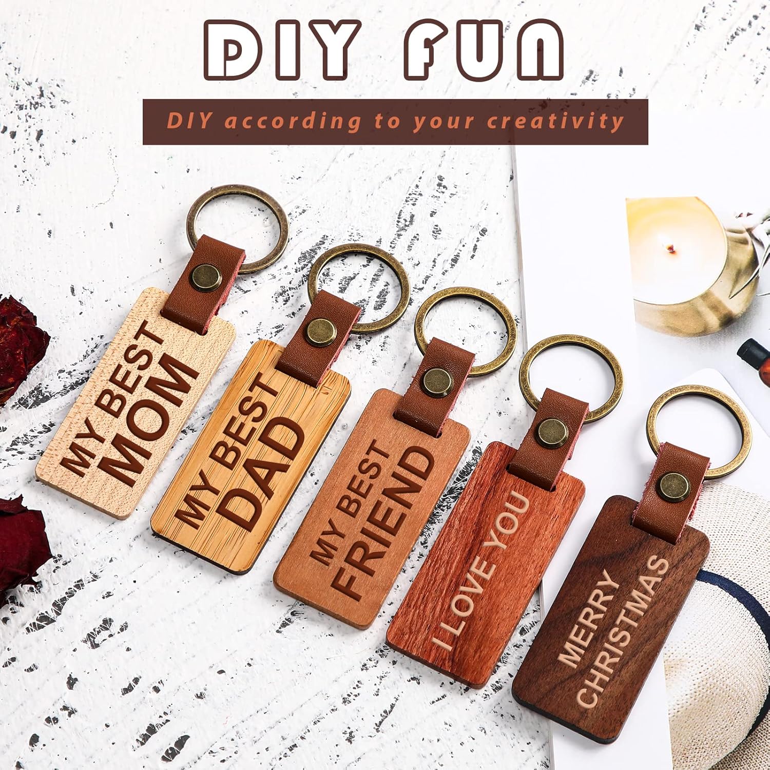 Batiyeer 30 Pcs Wooden Keychain Blanks 5 Colors Rectangle Wood Key Chain with Leather Strap Unfinished Keyrings Gifts for Dad - Image 3