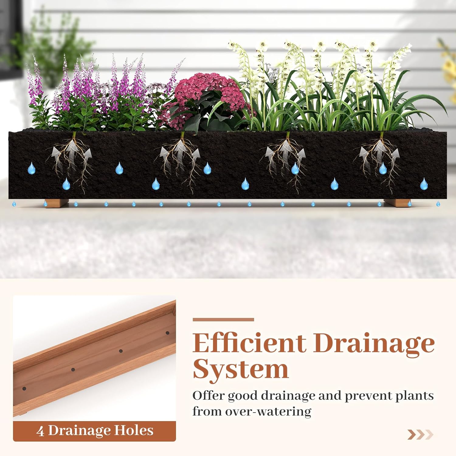HAPPYGRILL Raised Garden Bed, Wood Flower Planter Box w/4 Drainage Holes, Black Liner for Containing Soil, Indoor Outdoor Wooden Plant Container for Backyard, Patio, Balcony (2,36" x 7" x 6.5")