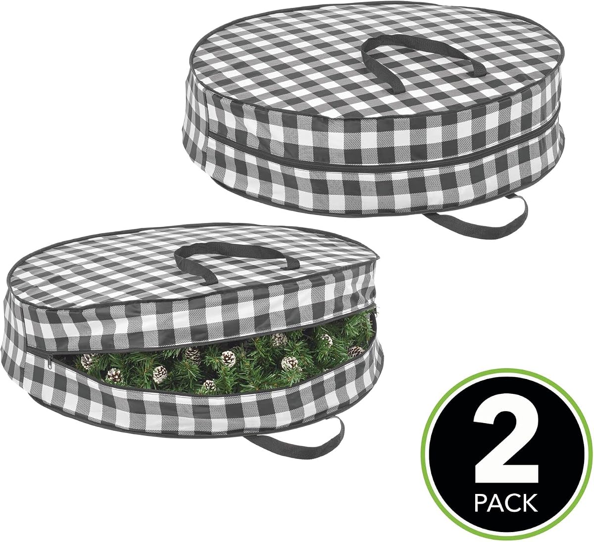 contenedor de almacenamiento de guirnaldas de 30"redondo de mDesign con asas, bolsa de almacenamiento de guirnaldas navideñas de tela, protector, contenedor de bolsa de almacenamiento de guirnaldas, organizador de decoración navideña - Paquete de 2, cuadros de búfalo negro/blanco