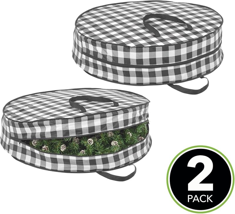 contenedor de almacenamiento de guirnaldas de 30"redondo de mDesign con asas, bolsa de almacenamiento de guirnaldas navideñas de tela, protector, contenedor de bolsa de almacenamiento de guirnaldas, organizador de decoración navideña - Paquete de 2, cuadros de búfalo negro/blanco