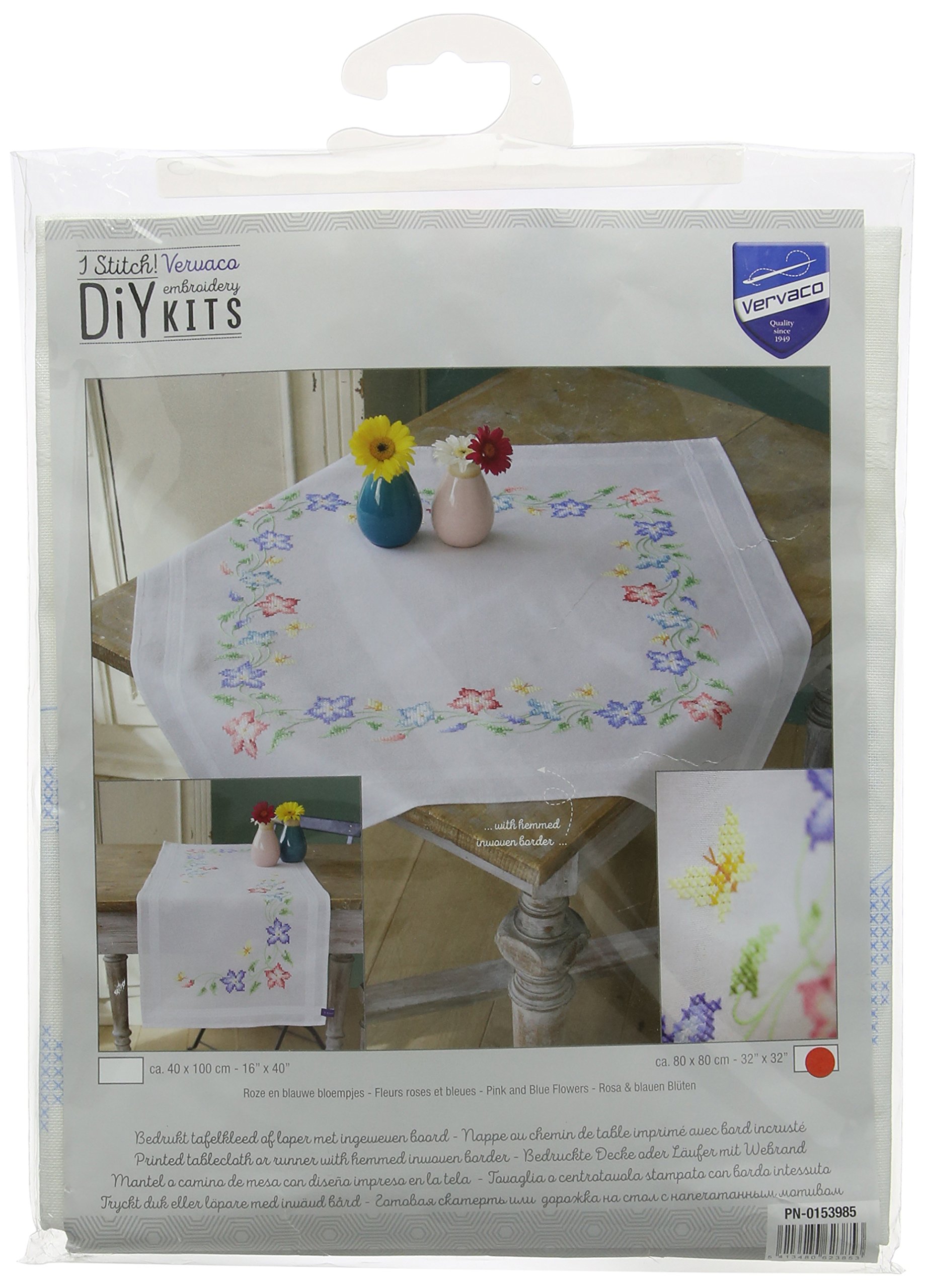Vervaco Kit de Broderie, Nappe, Fleurs Roses et Bleues