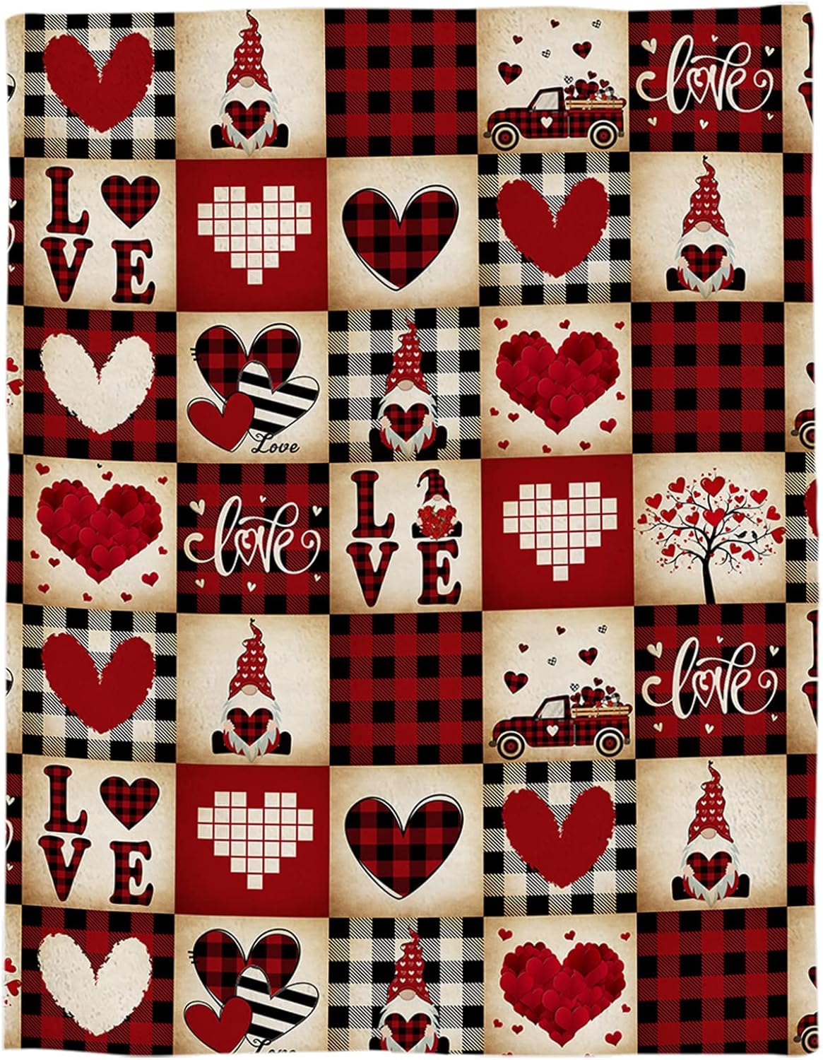 Valentine Love Blanket Super Soft Flannel Fleece Throw Blankets Valentine's Day Love Heart Gnome Truck Plaid Blanket Lightweight Cozy Warm Fuzzy Plush Microfiber Blankets for Couch Bed Sofa 60x80inch
