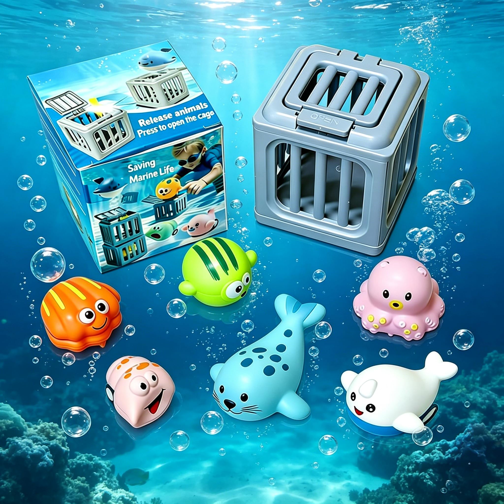Giocattoli subacquei per piscina, gioco di salvataggio subacqueo con gabbia per piscina e abitanti galleggianti, gioco d'acqua per allenamento di nuoto, regalo estivo per spiaggia (set da 6)
