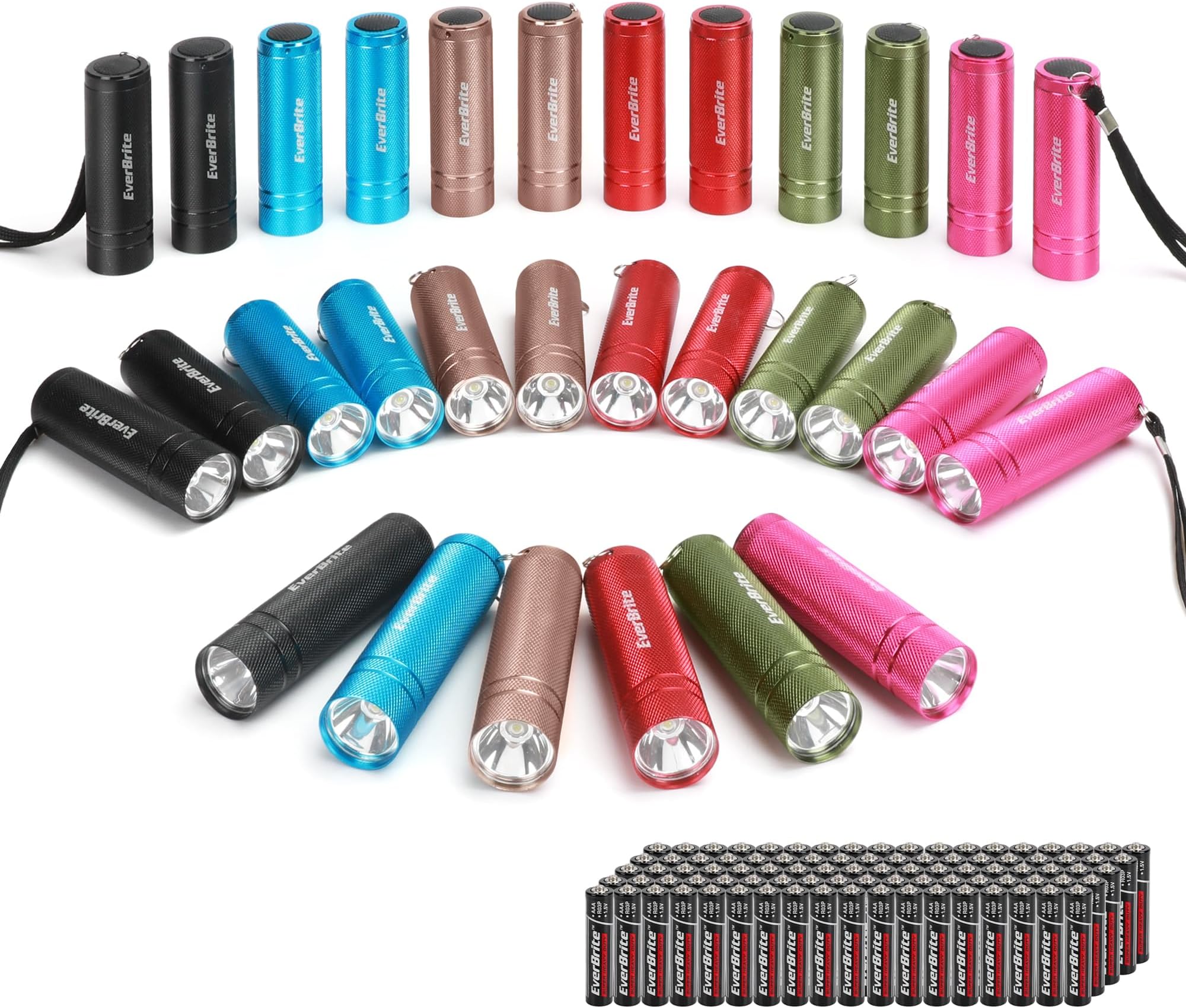 EverBrite 30-pack Mini Small Flashlight Set, Aluminum LED Handheld Torches with Lanyard, Assorted Colors, 90 Batteries Included for EDC, Party Favors, Night Reading, Camping, Power Outage, Emergency