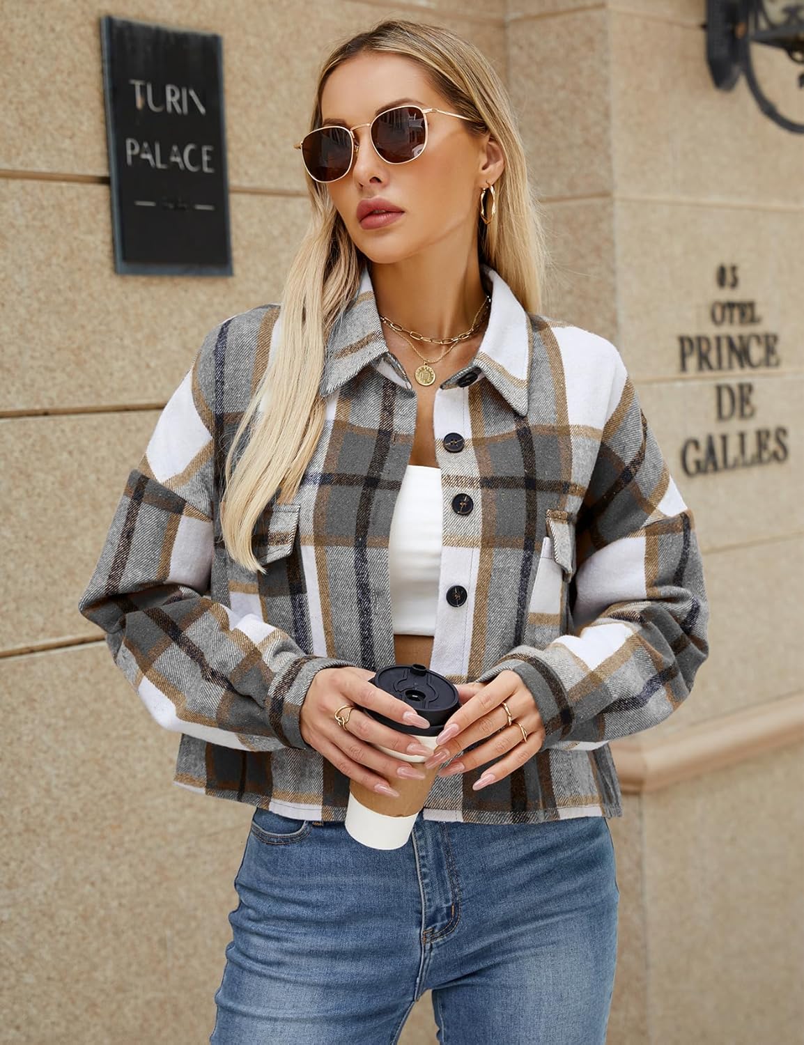 CYCLAMEN Women's Flannel Plaid Cropped Shacket Jacket Long Sleeve Button Down Crop Shirt Coat Fall Fashion Casual Outfits - Image 4