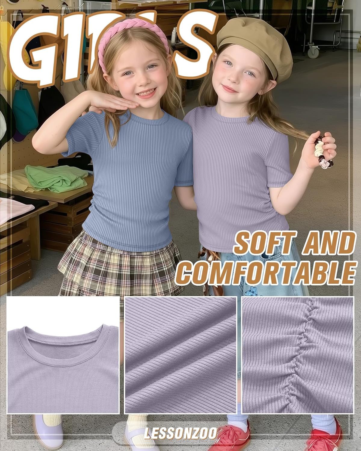 3 Pack Girls Short Sleeve Shirts Cotton Ribbed Knit Slim Fit Tops Crew Neck Basic Side Ruched Clothes for Teen Girl - Image 5