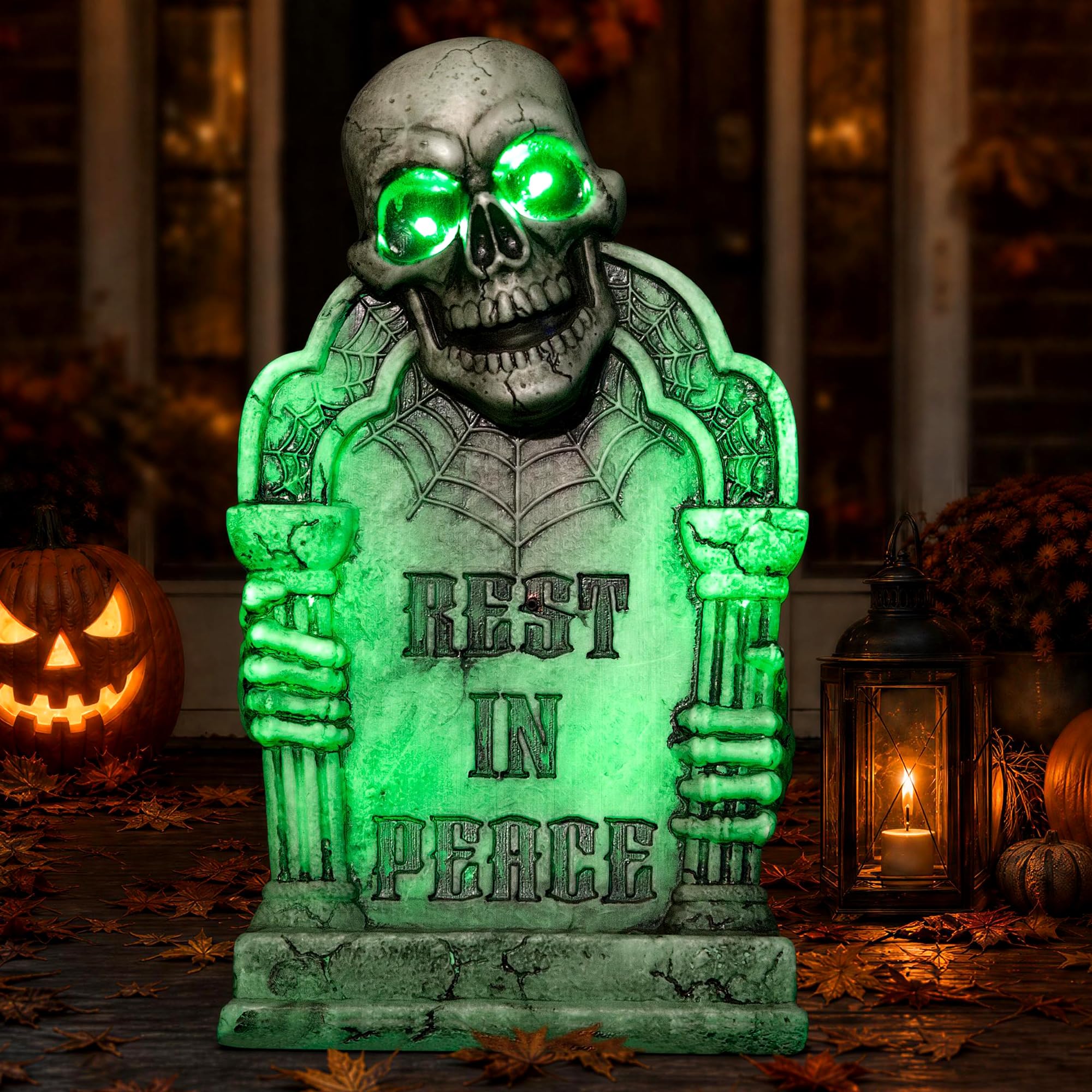 16.5" Halloween Animatronic Tombstone Decoration,Sound Activated Grave Marker with Light Up Effect & Creepy Sounds, RIP Cemetery Prop for Haunted House, Yard, Lawn, Porch Indoor Outdoor Decor
