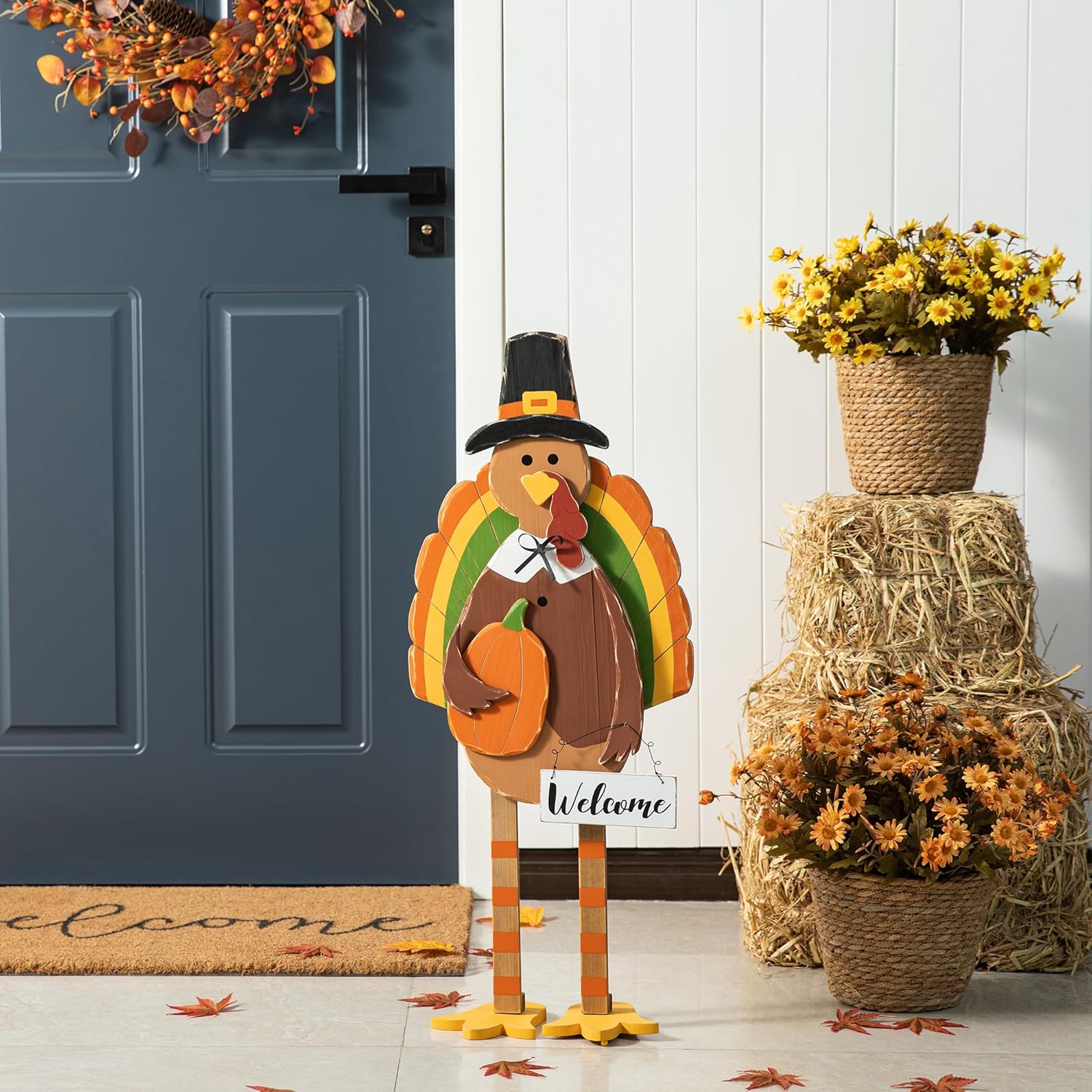 Glitzhome 30'H Thanksgiving Wood Turkey Porch Sign, Farmhouse Turkey Pumpkin Welcome Standing Decor for Fall Harvest, Rustic Autumn Decor