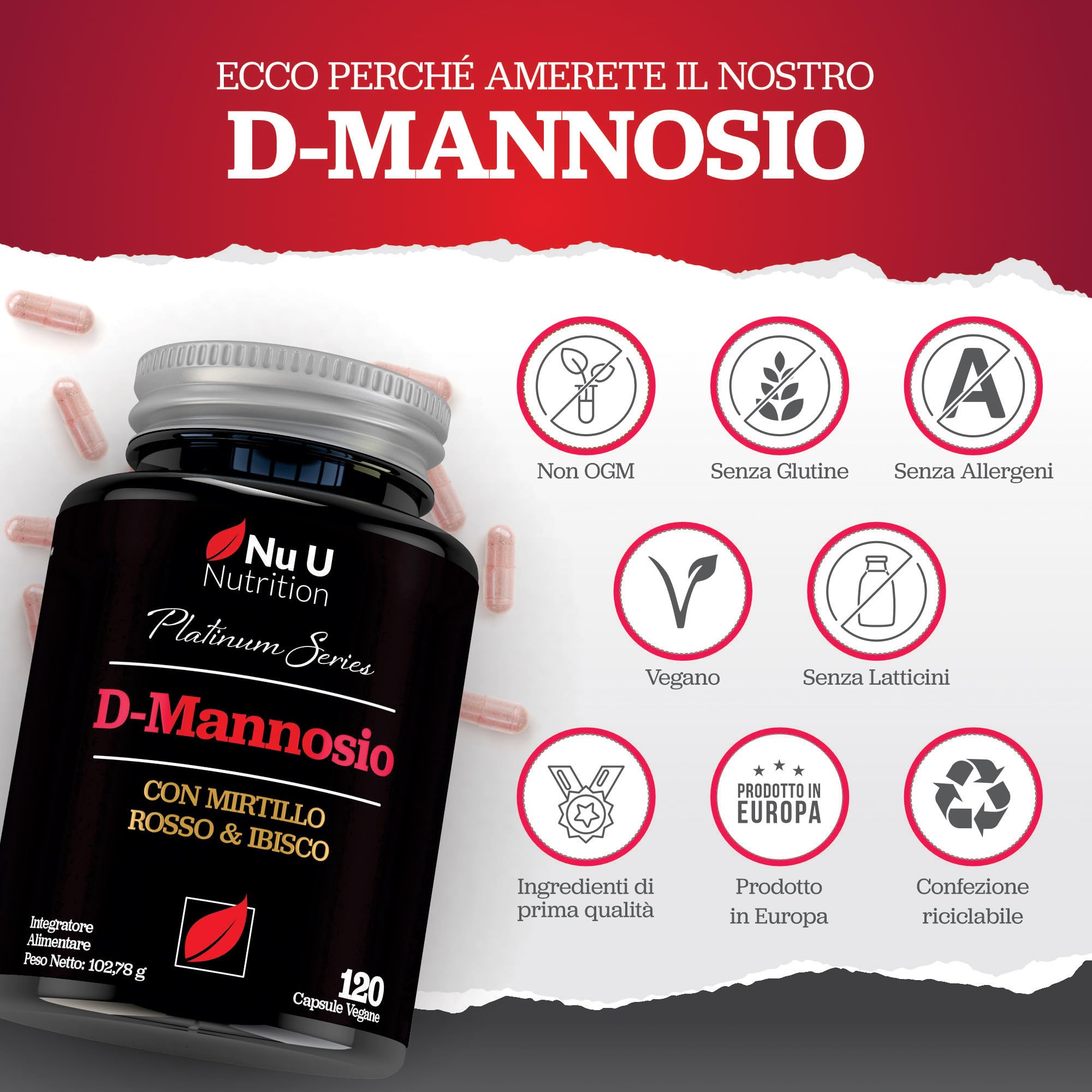 D-Mannosio Puro - 120 Capsule Vegane - Complesso 3 in 1 con Estratti di Mirtillo Rosso e Ibisco - Supporto Naturale per le Donne - Prodotto in Europa - Nu U Nutrition