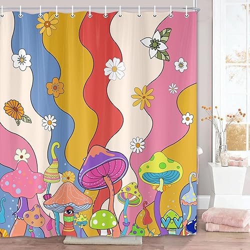 Cortina de ducha rosa, cortina de baño floral de hongos, retro de los años 70, cortinas de ducha hippie groovy para decoración de baño de niñas,