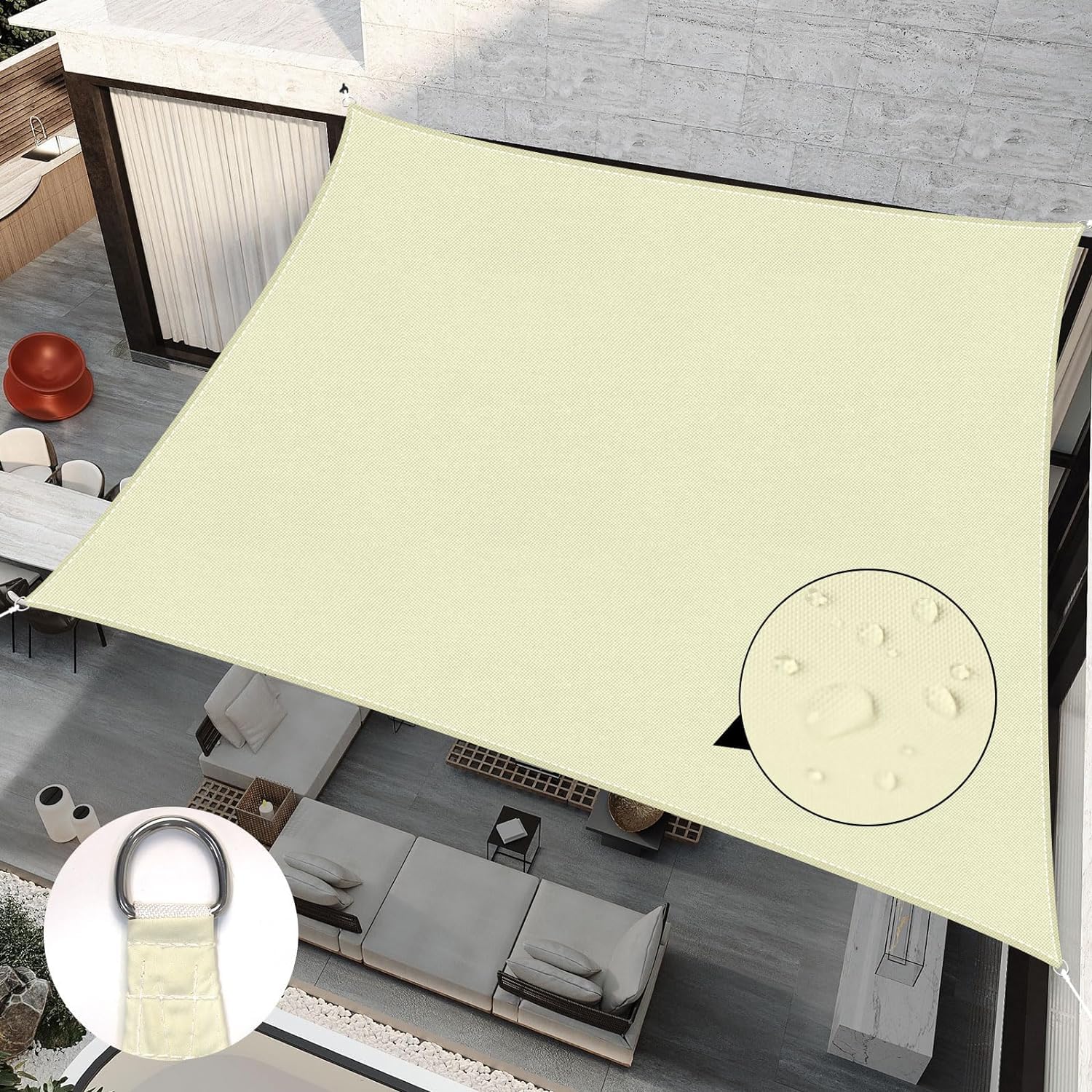 RICHIE Sun Shade Sail 2m x 2m Square Waterproof, 98% UV Block Awnings for Patios with Free Rope Sunscreen Awning Canopy