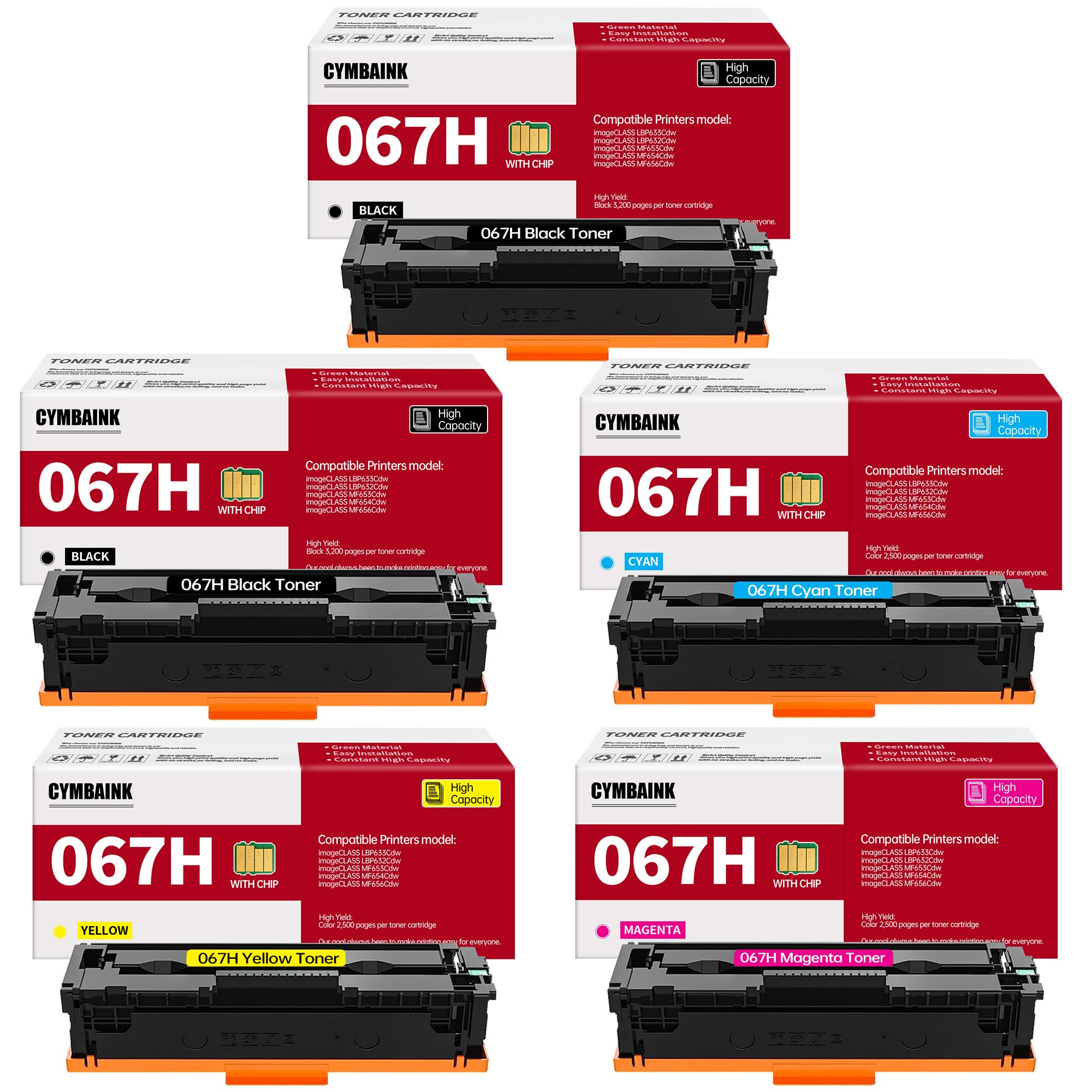 5 Pack Set 067H 067 MF656Cdw Toner Cartridge Compatible Replacement for Canon 067H 067 for Canon imageCLASS LBP633Cdw LBP632Cdw MF653Cdw MF654Cdw MF656Cdw Printe（2 Black, 1 Cyan, 1 Yellow, 1 Magenta）