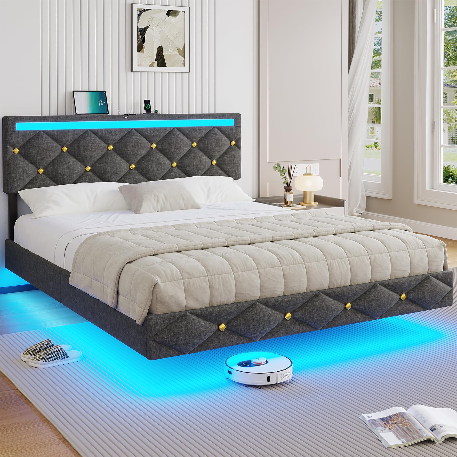 DICTAC Letto 160 x 200 cm, con illuminazione a LED e stazione di ricarica USB, moderno letto matrimoniale 160 x 200 cm, con rete a doghe e testiera alta, struttura del letto in grigio scuro e tessuto